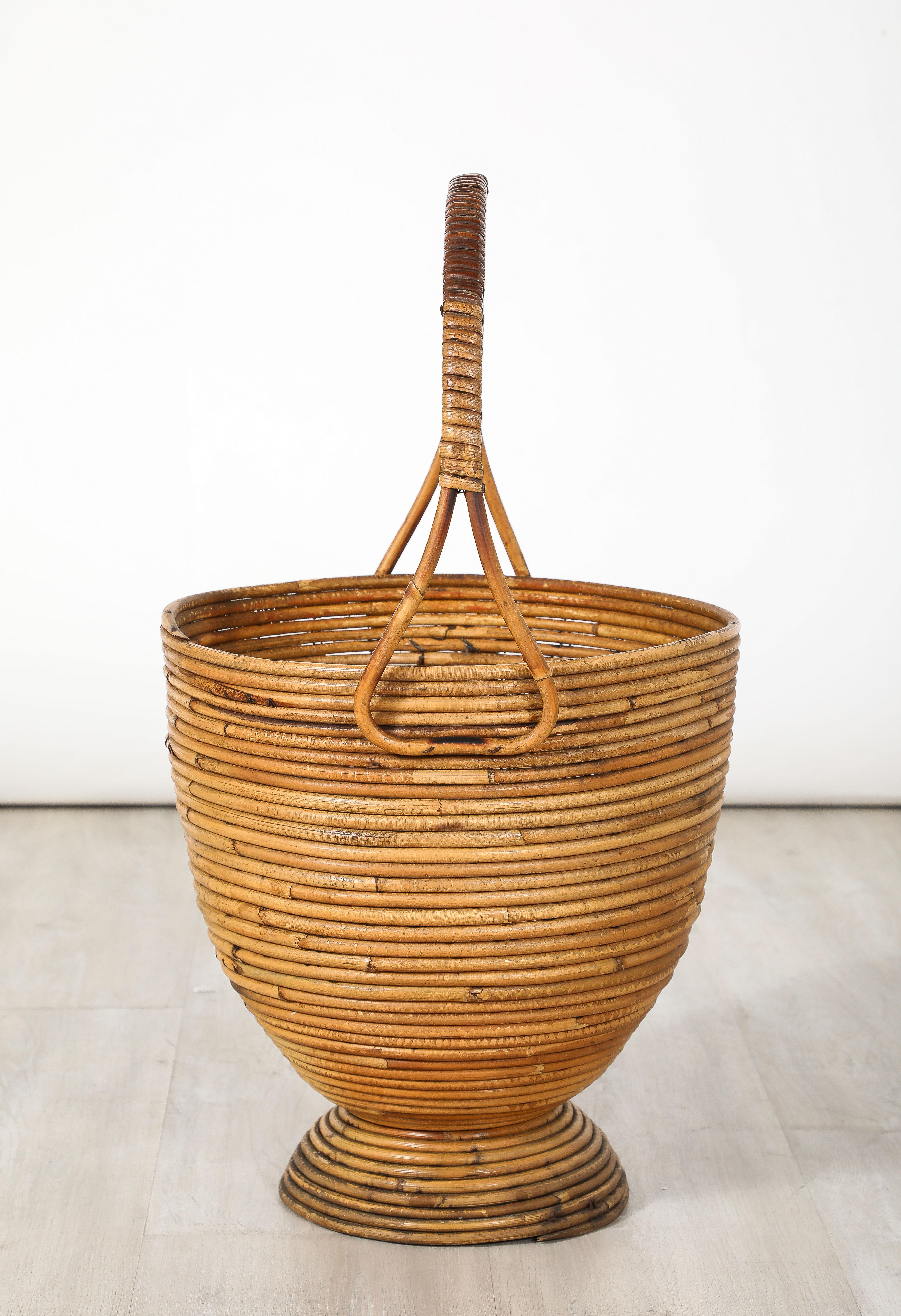 Mid-20th Century Italian Bamboo Basket with Handle, Italy, circa 1950  For Sale