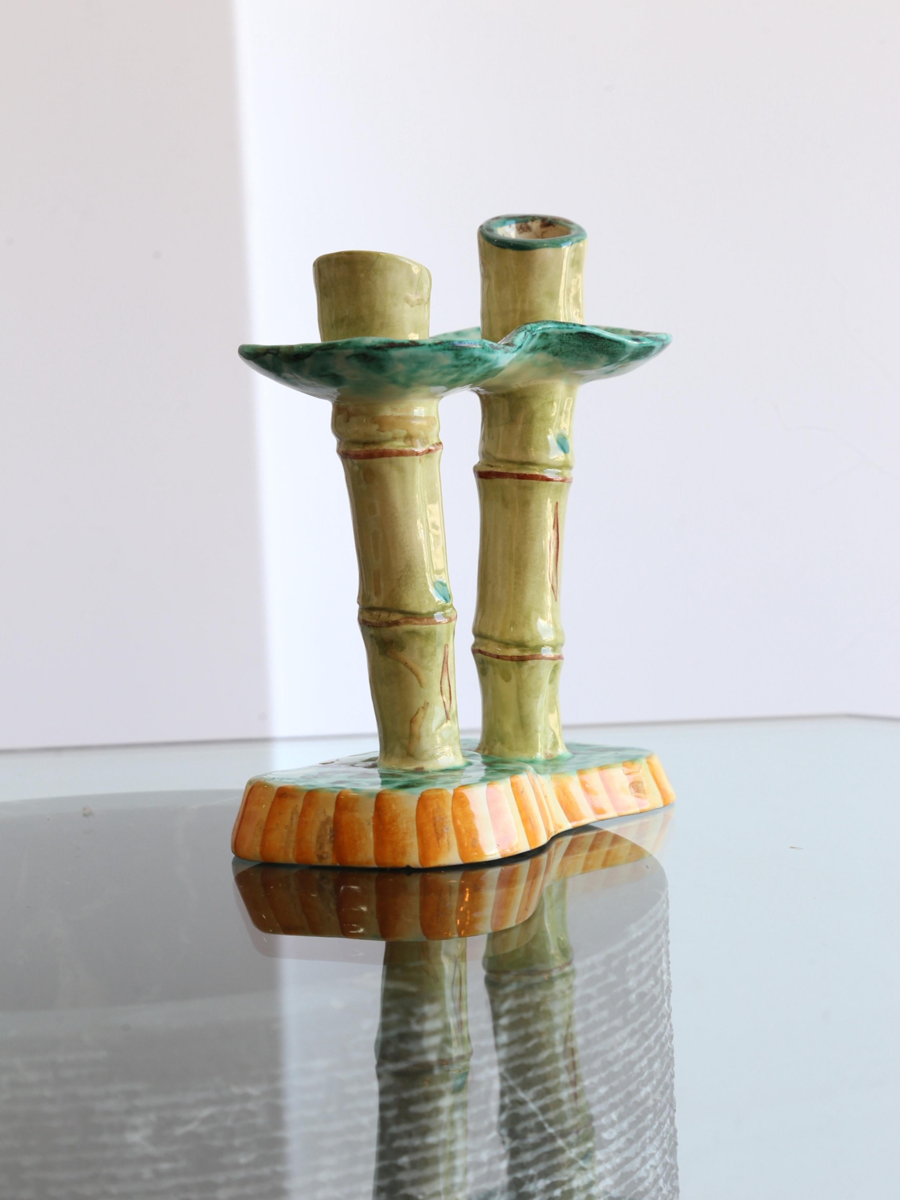 Ceramic Italian Bamboo Candlesticks Holder by Pucci Umbertide, 1970s