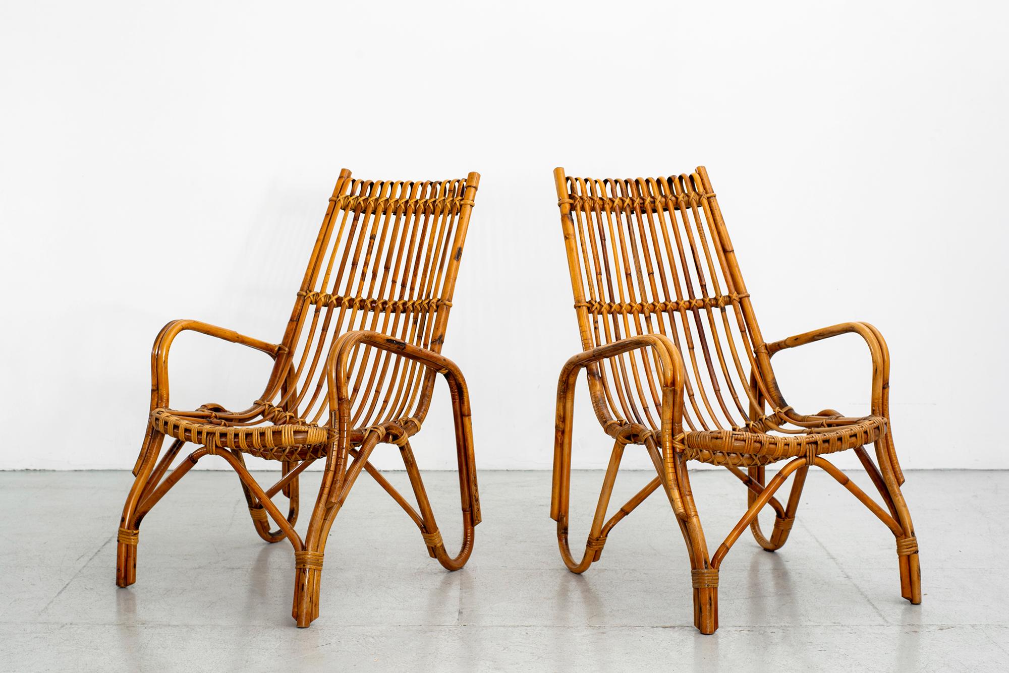 1950s Italian bamboo pair of chairs with angular shaped loop legs.
  