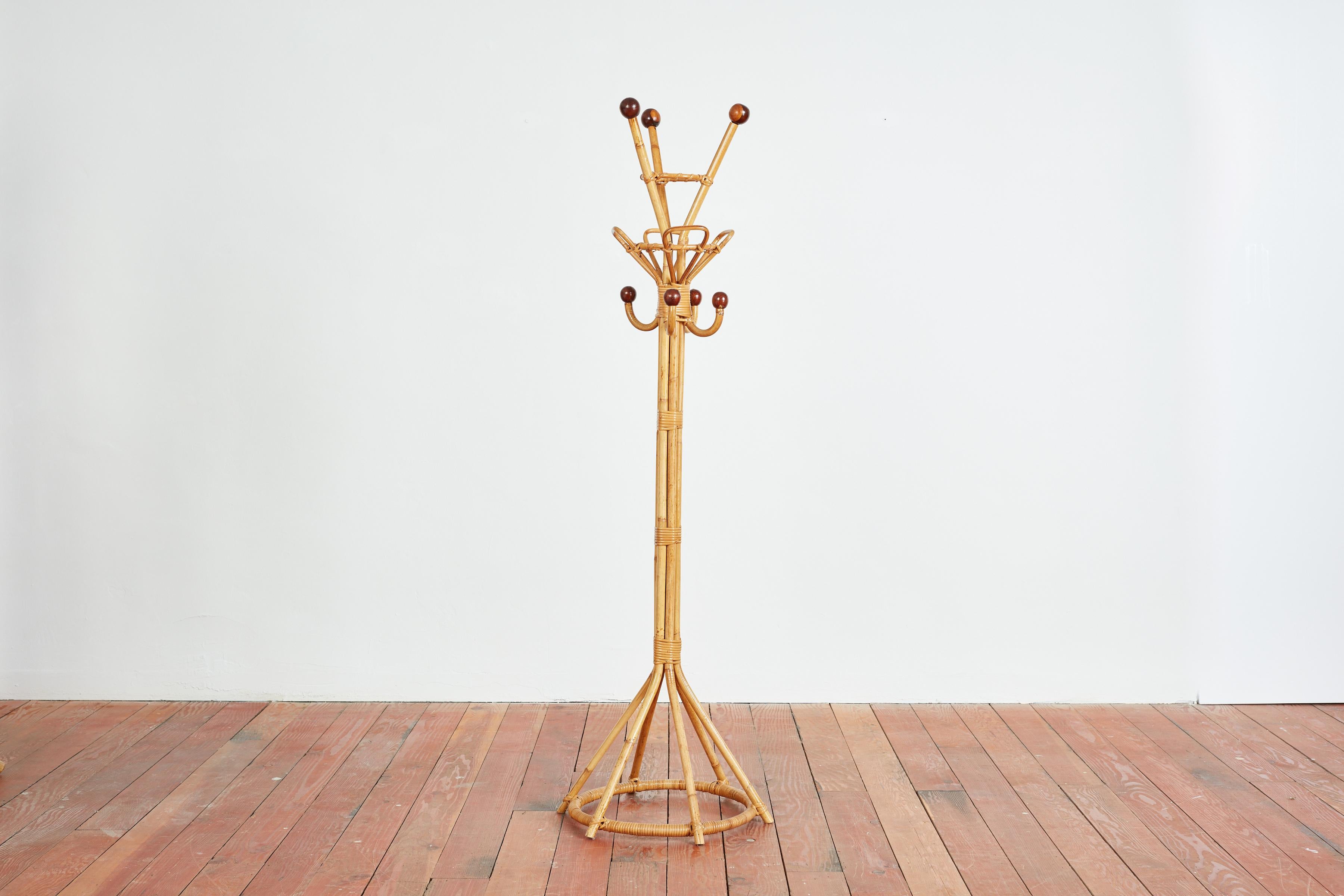 1950's Italian Bamboo Coat Stand with wood balls and large rattan loop hooks. 
Italy, 1950s