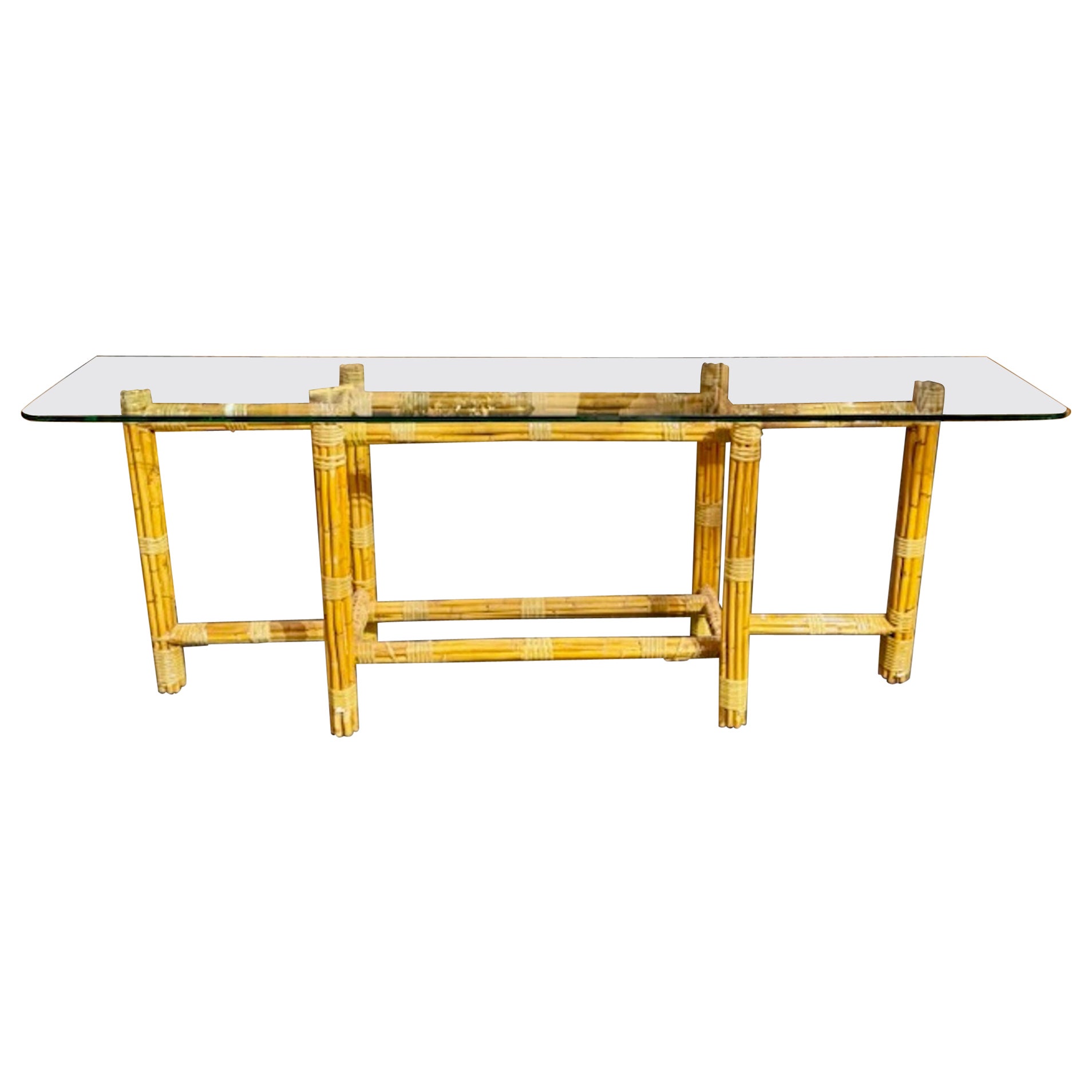 Italian Bamboo Console with Glass Top For Sale