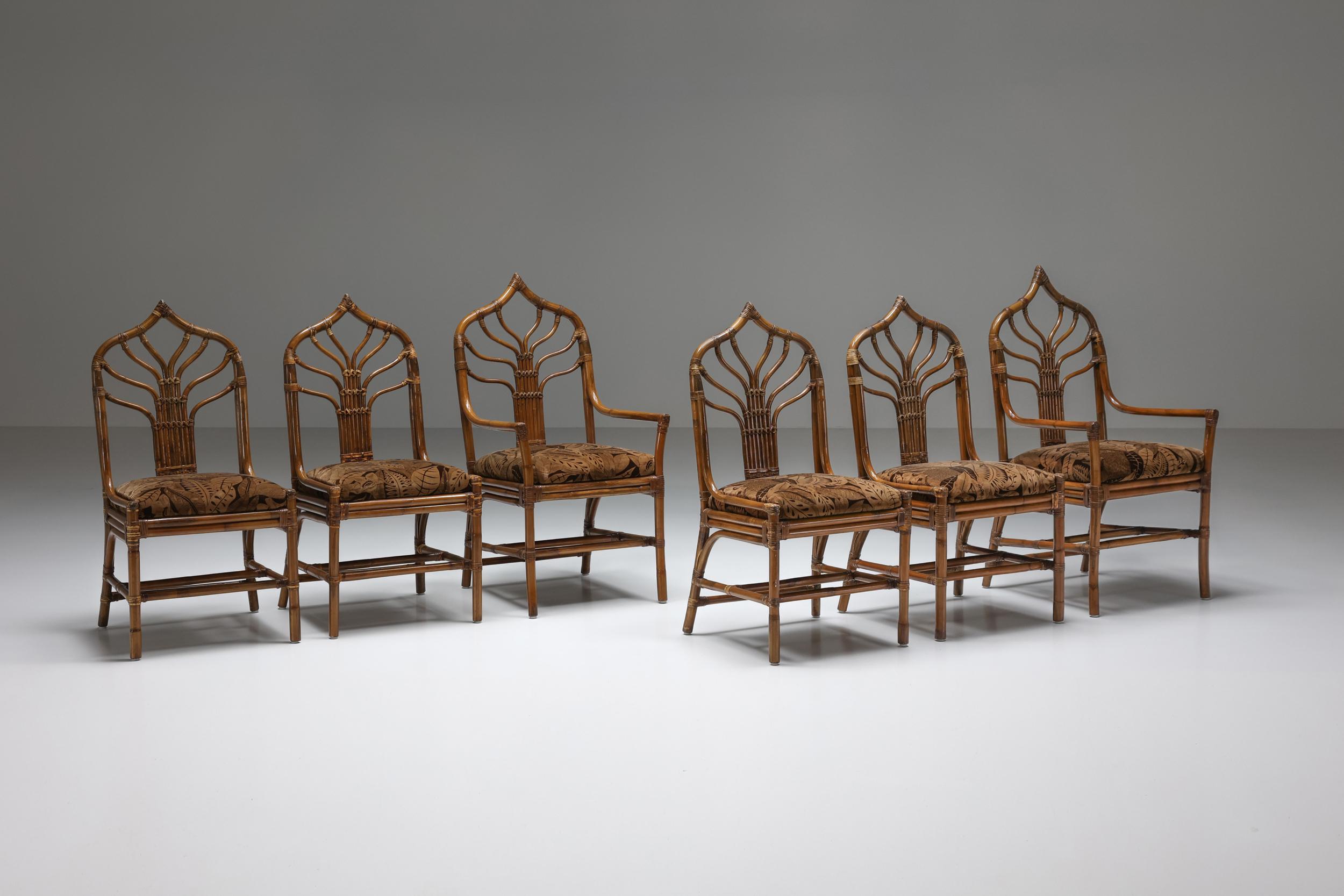 Mid-20th Century Italian Bamboo Dining Chairs with Floral Seating, Hollywood Regency, 1970's