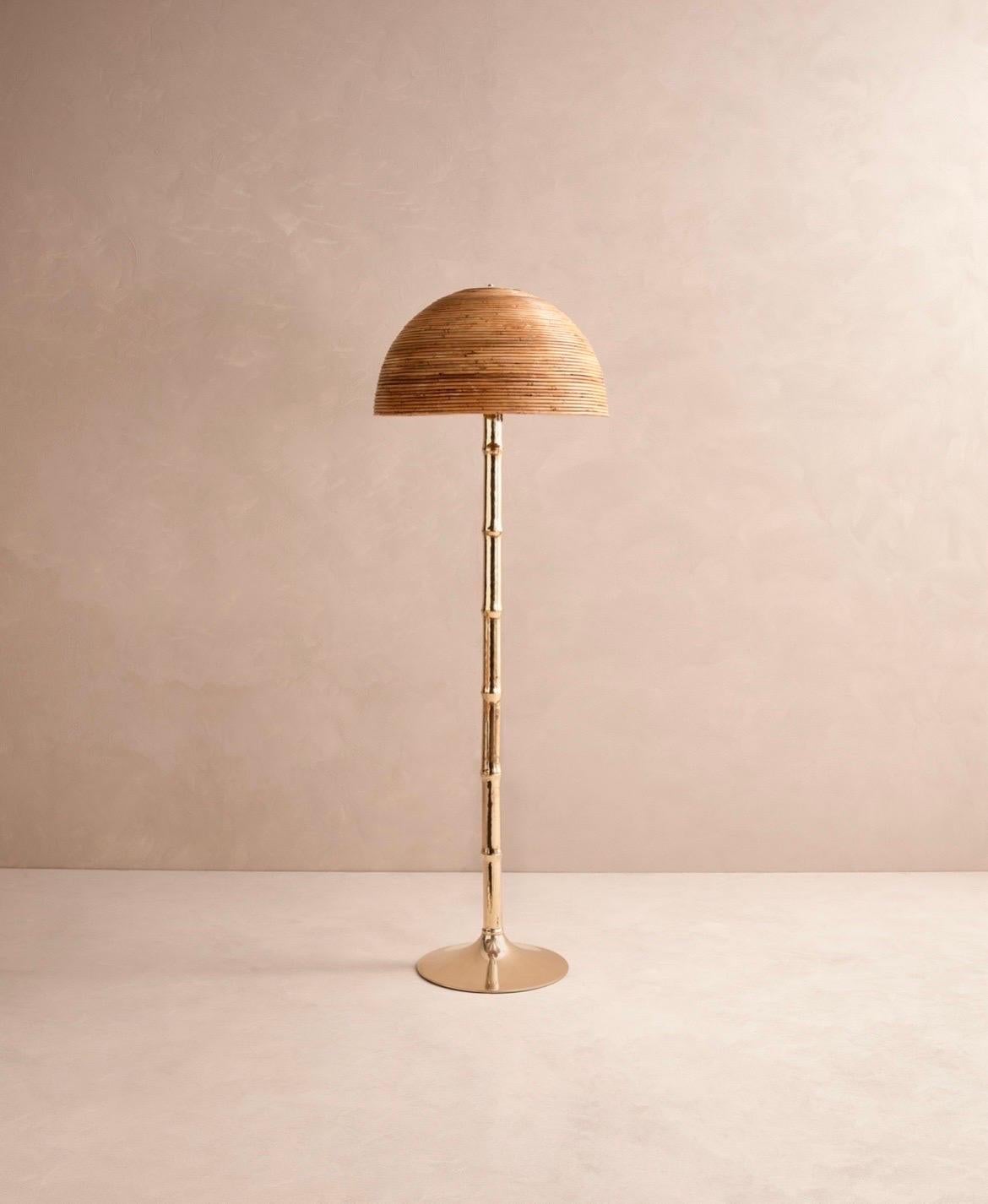 Mid-Century Modern Italian Bamboo Floor Lamp with Brass Base For Sale
