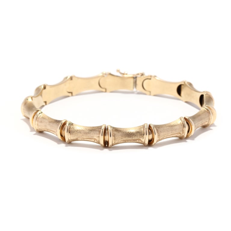 Italian Bamboo Link Bracelet, 14K Gold, Box Clasp, Matte Textured Gold