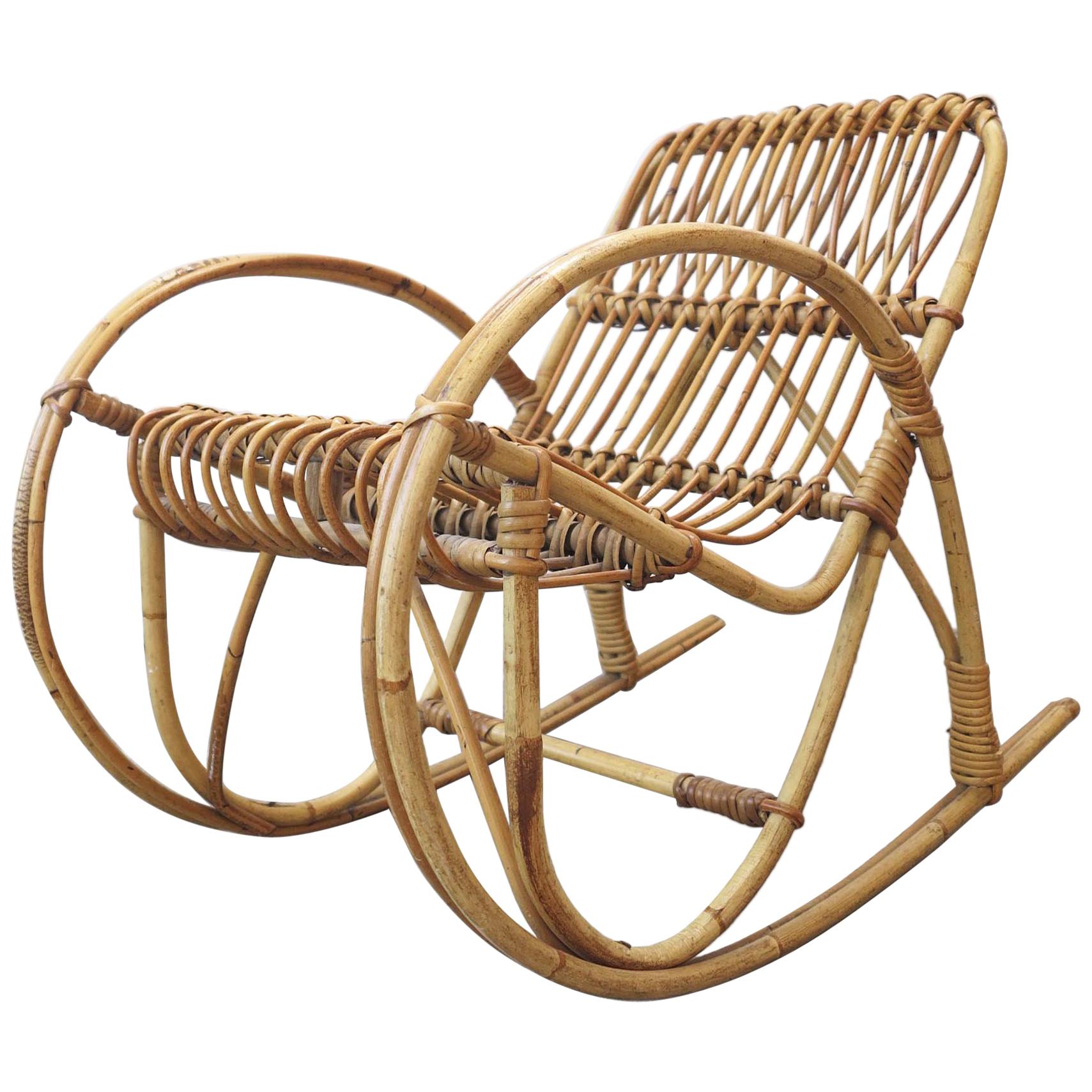 Italian Bamboo or Rattan Rocking Child's Chair, Midcentury Style, Bonacina Style For Sale