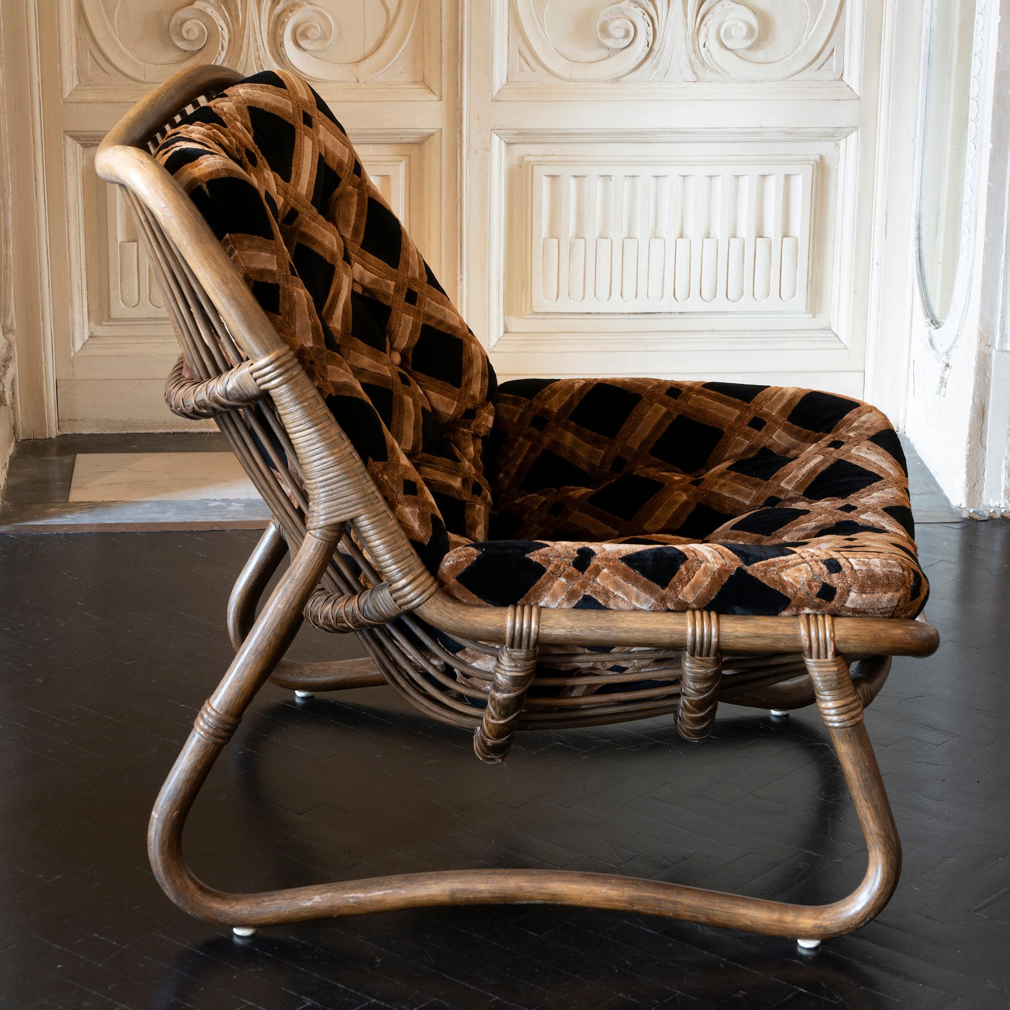 Italian Bamboo Pair of Lounge Chair with Missoni Velvet Fabric Cushions, 1970s In Good Condition For Sale In Firenze, IT