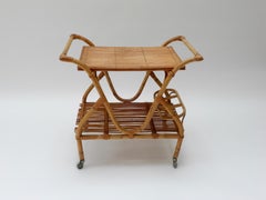Italian Bamboo Rattan Bar Cart, 1950s