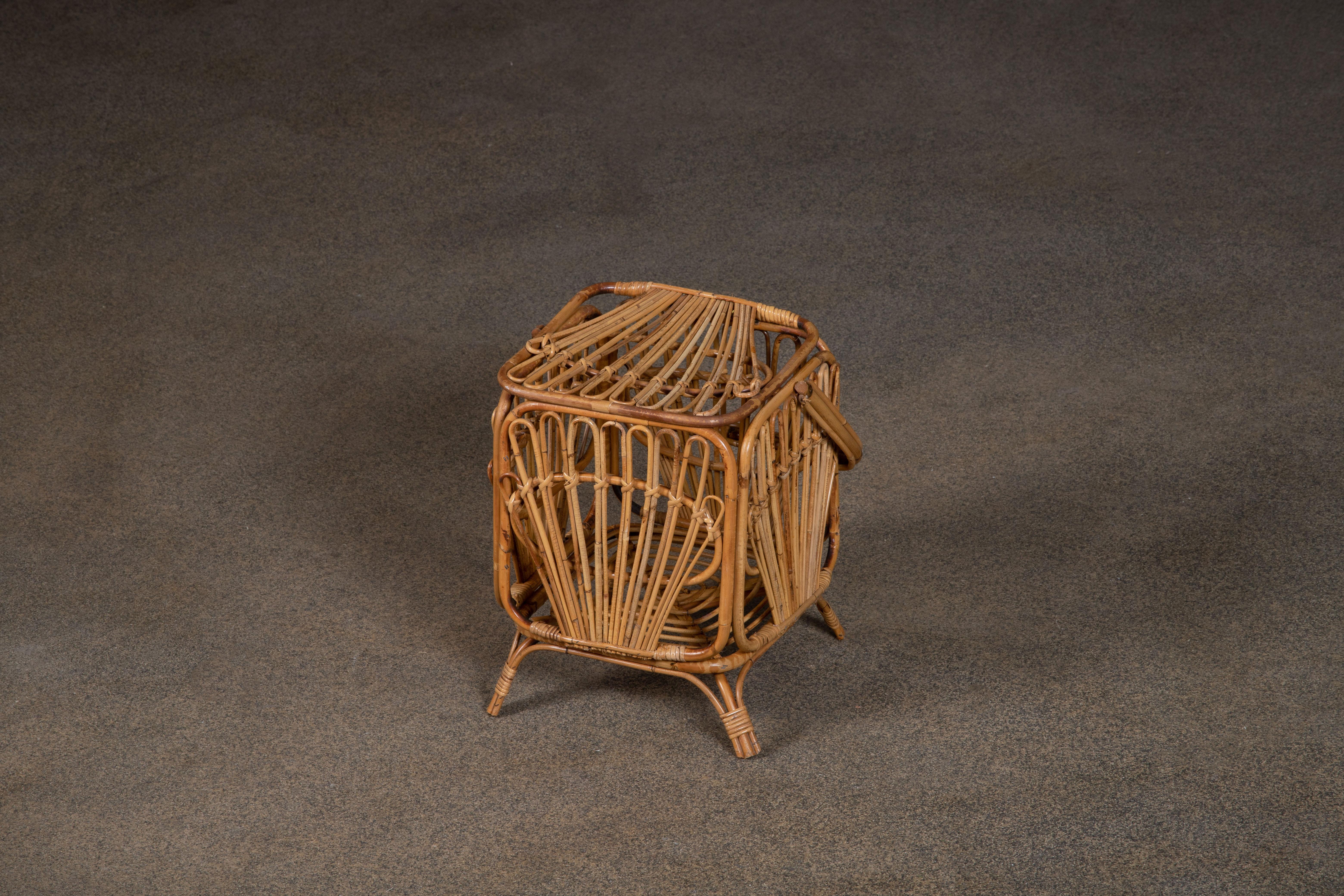 Mid-20th Century Italian Bamboo Rattan Bohemian Basket Container, 1960s For Sale