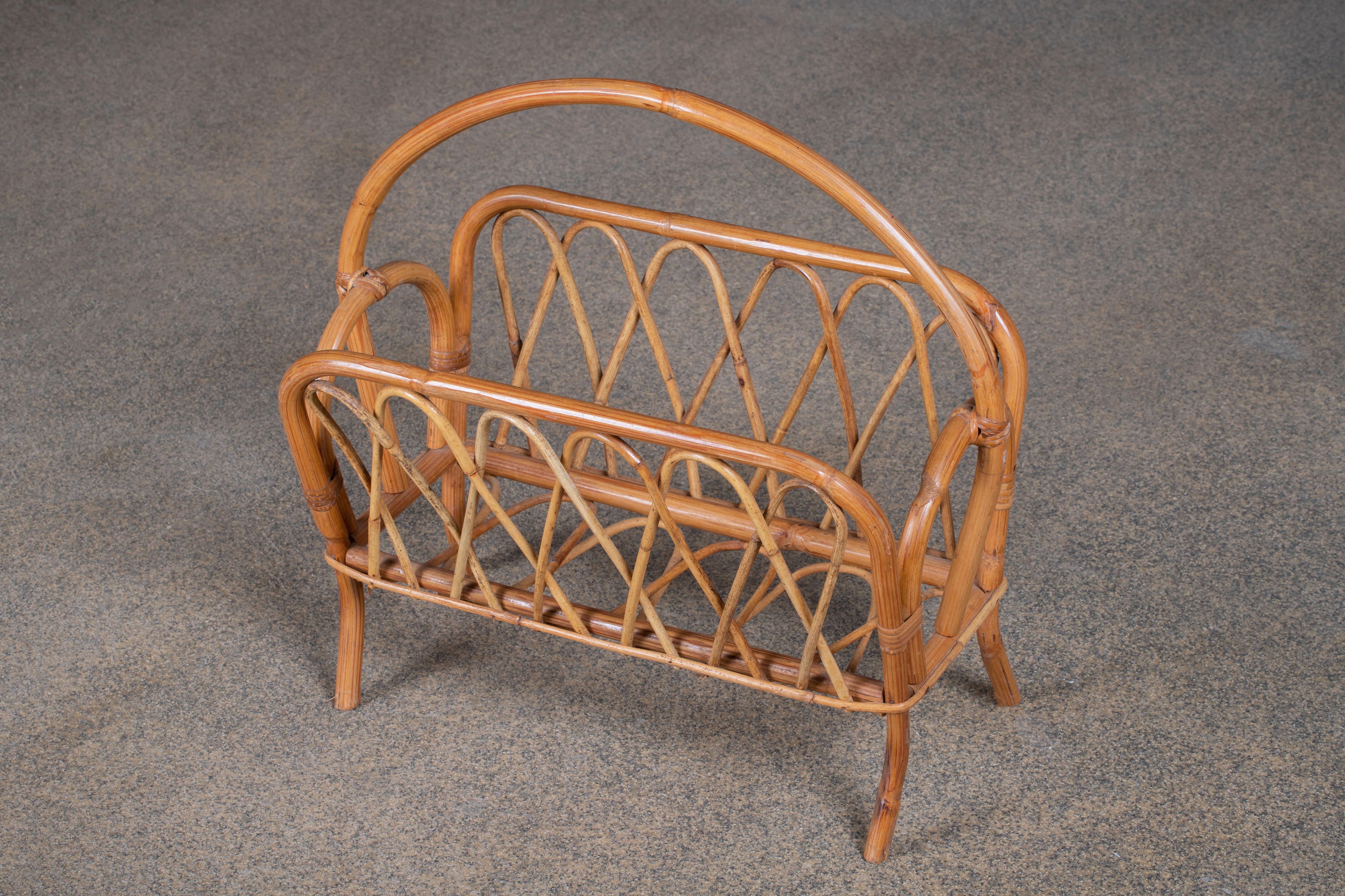 French Provincial Italian Bamboo Rattan Bohemian French Riviera Magazine Rack Stand, 1960s For Sale