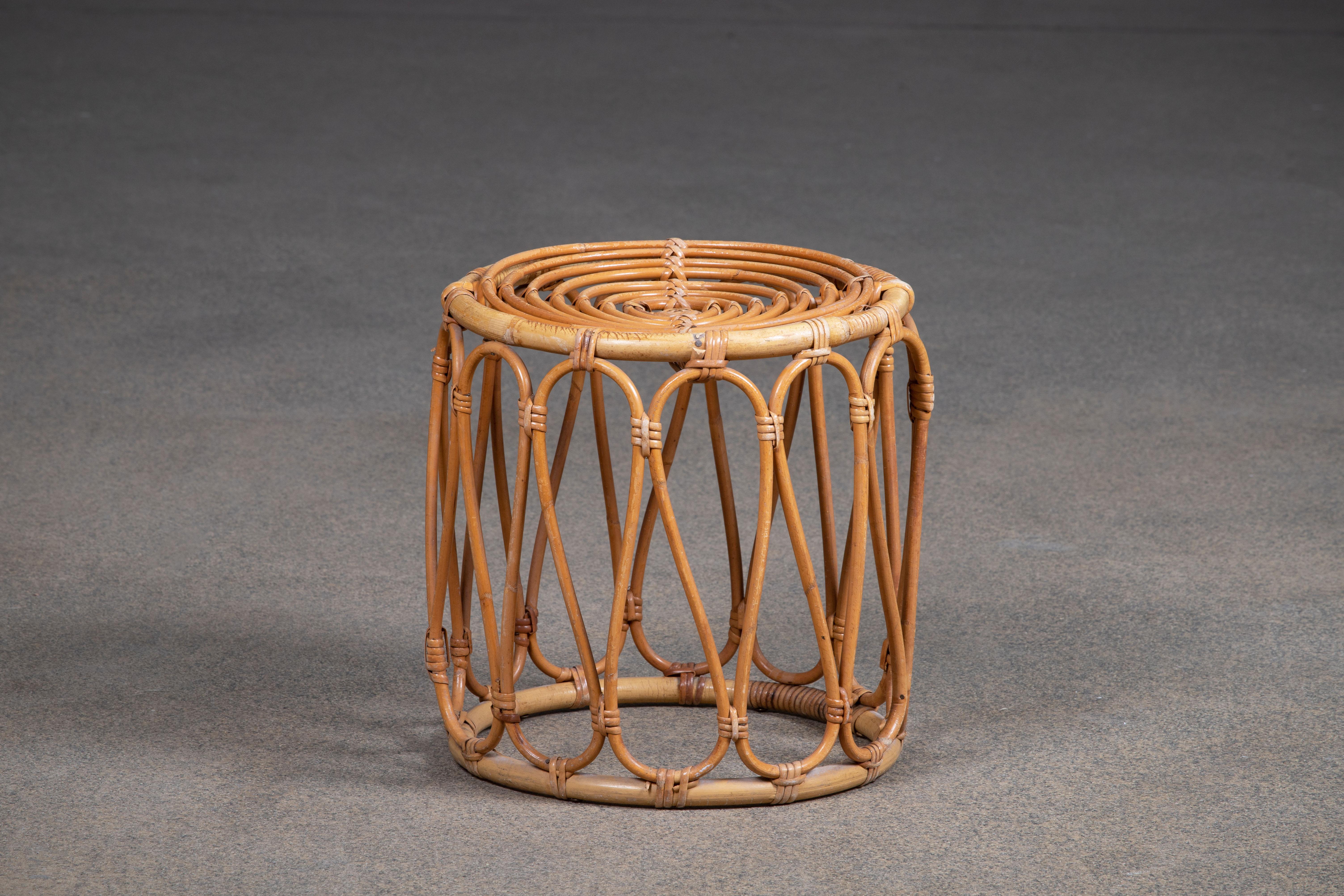 Mid-20th Century Italian Bamboo Rattan Bohemian French Riviera Stool or Ottoman, 1960s For Sale