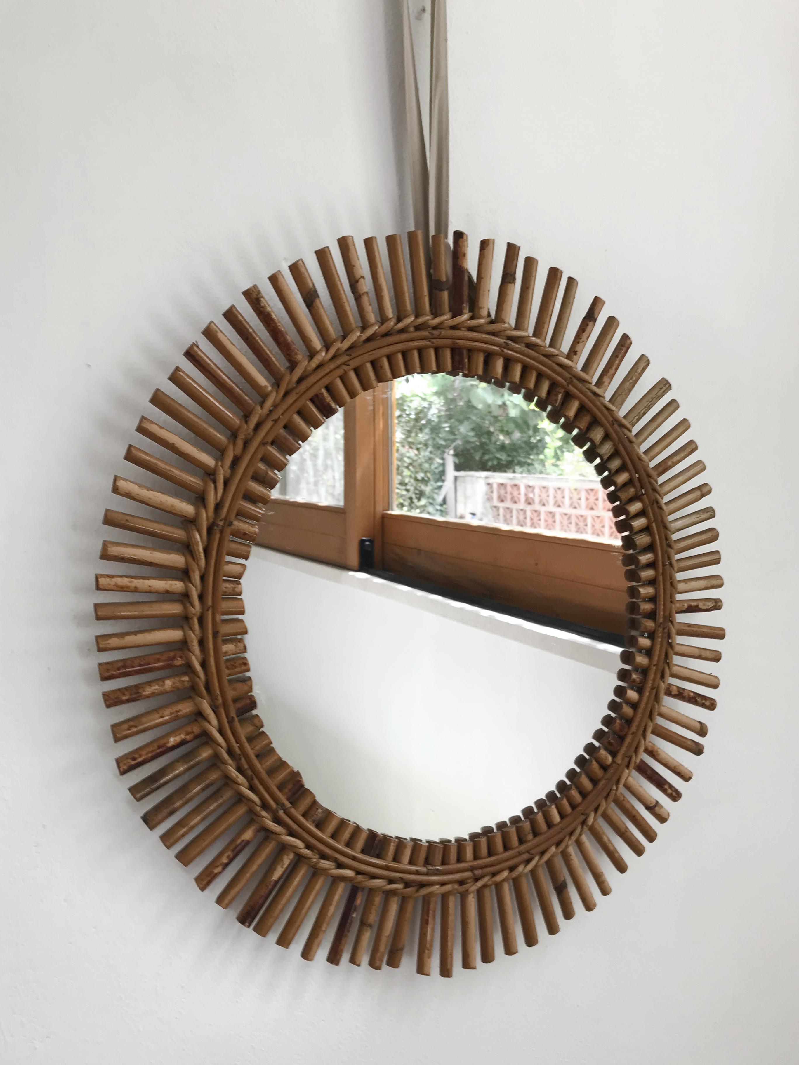 Mid-Century Modern Italian Bamboo Rattan Circle Wall Mirror, 1960s