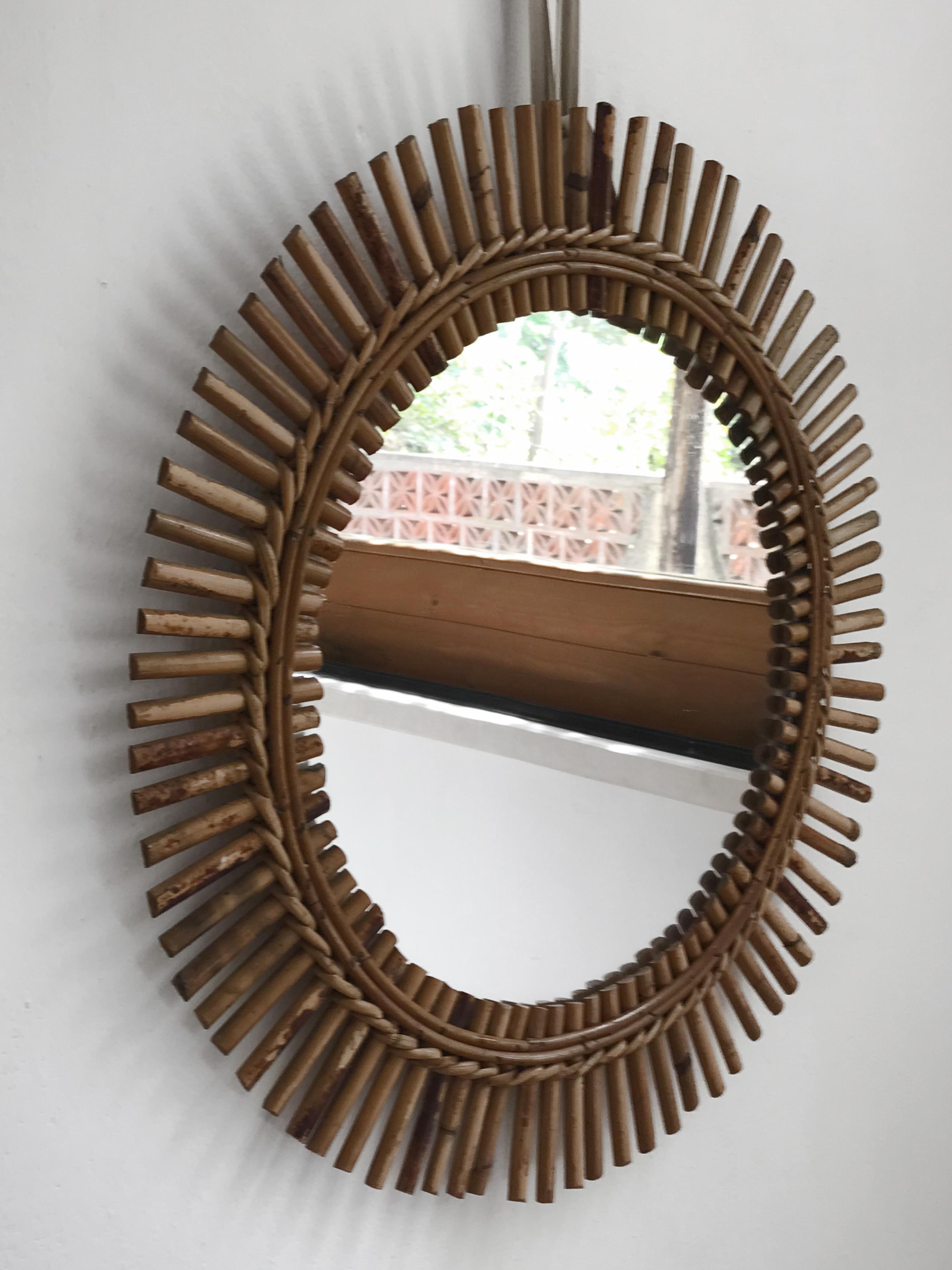 Mid-20th Century Italian Bamboo Rattan Circle Wall Mirror, 1960s