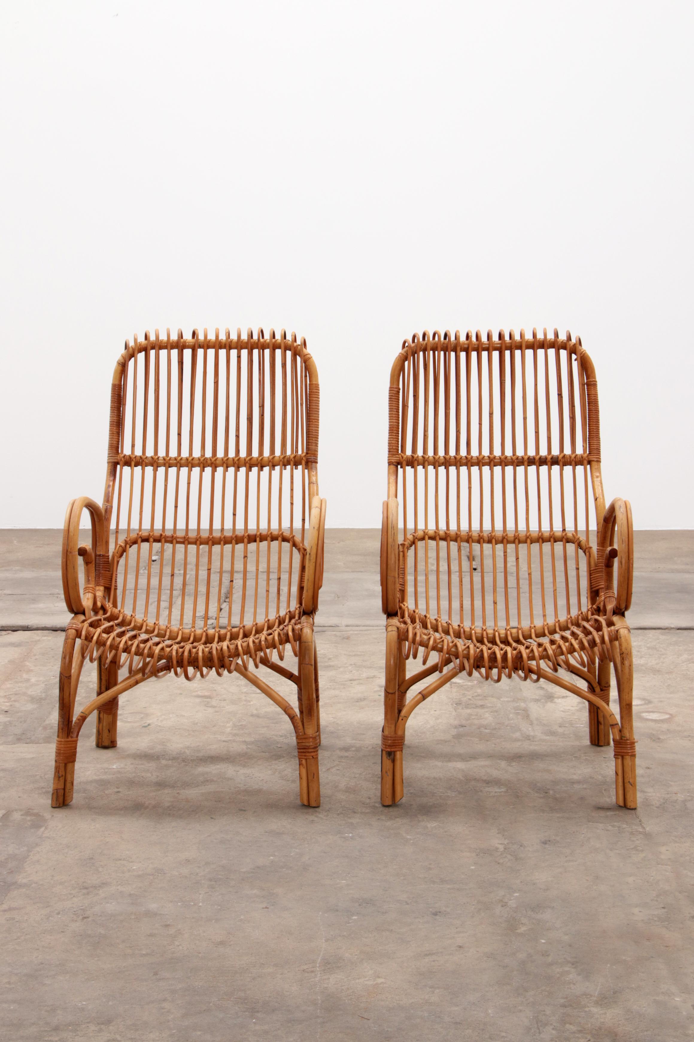 Bohemian Italian Bamboo set of 2 Franco Albini armchairs, 1960