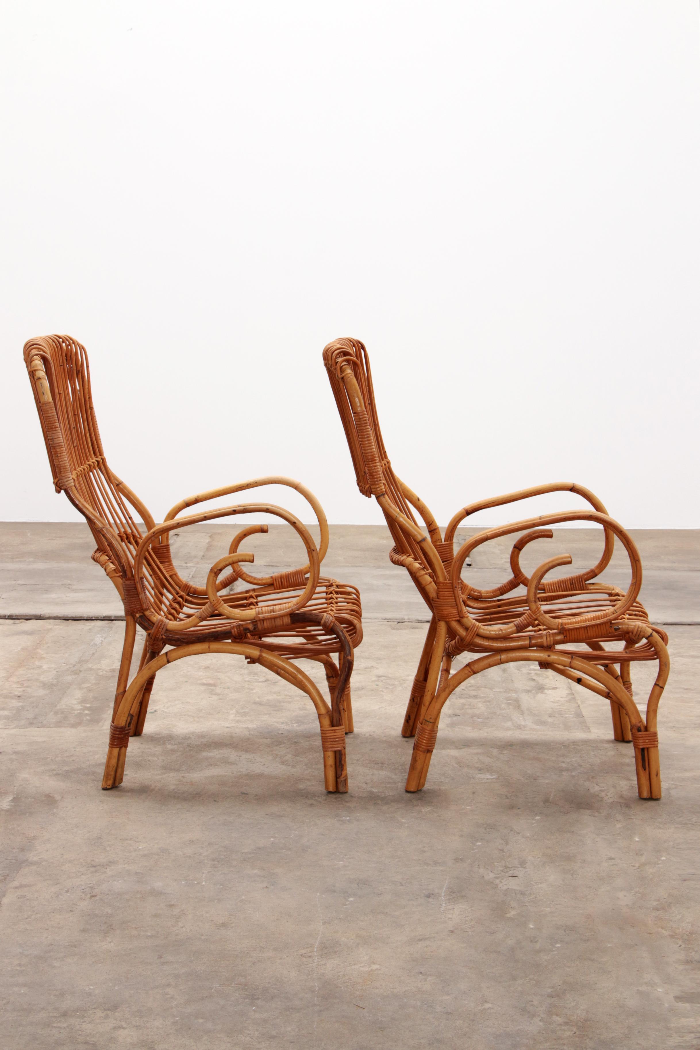 Italian Bamboo set of 2 Franco Albini armchairs, 1960 For Sale 1