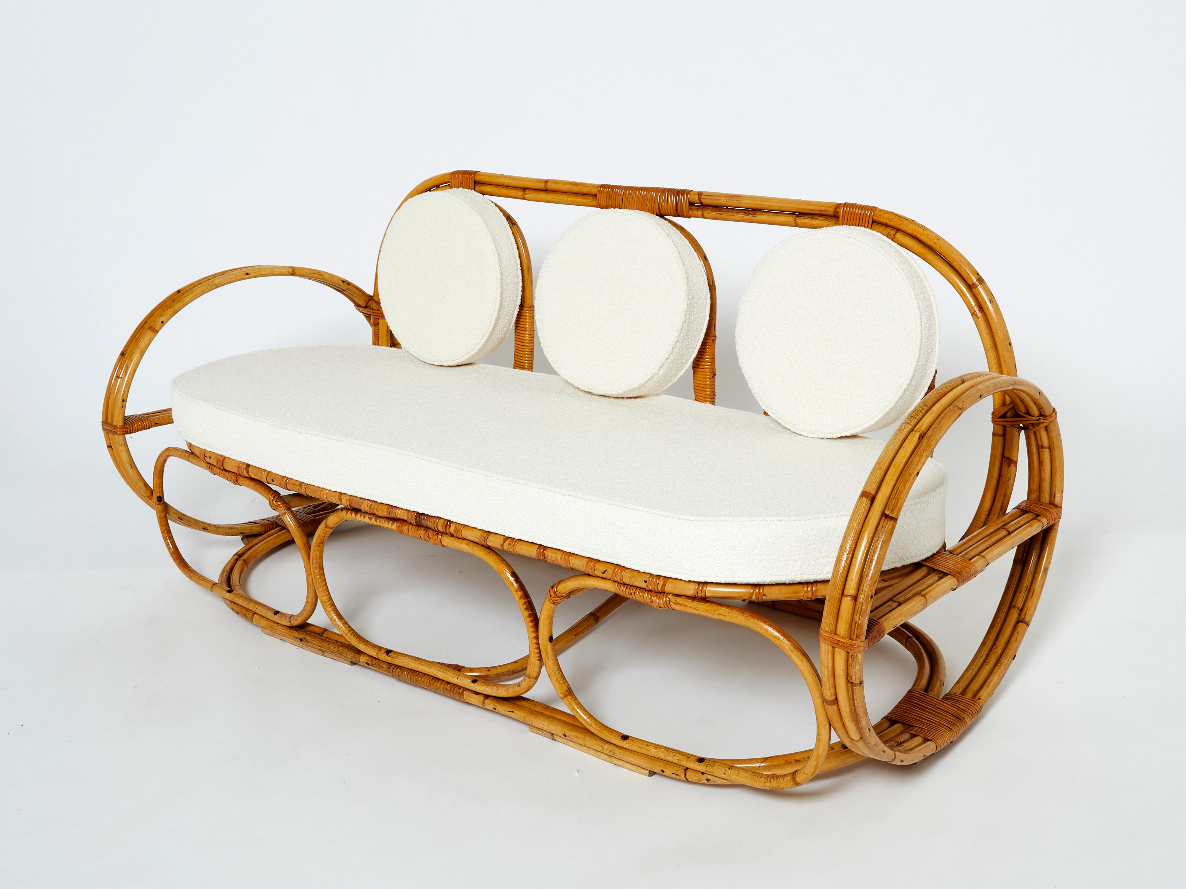 Mid-20th Century Italian Bamboo Sofa and Stool with French Bouclé Fabric Early 1960s For Sale