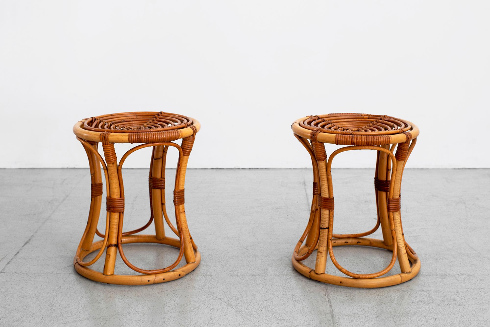 Pair of Italian bamboo stools with curved lines.
Priced as a pair.