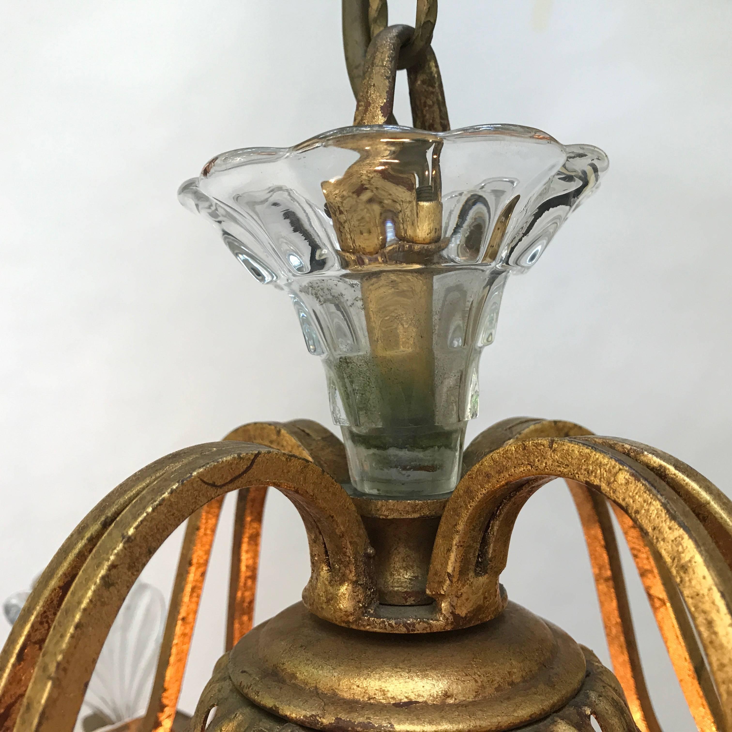 Italian Banci Firenze Four-Light Chandelier 1980 Crystal Gilt Iron Cage Lantern For Sale 6