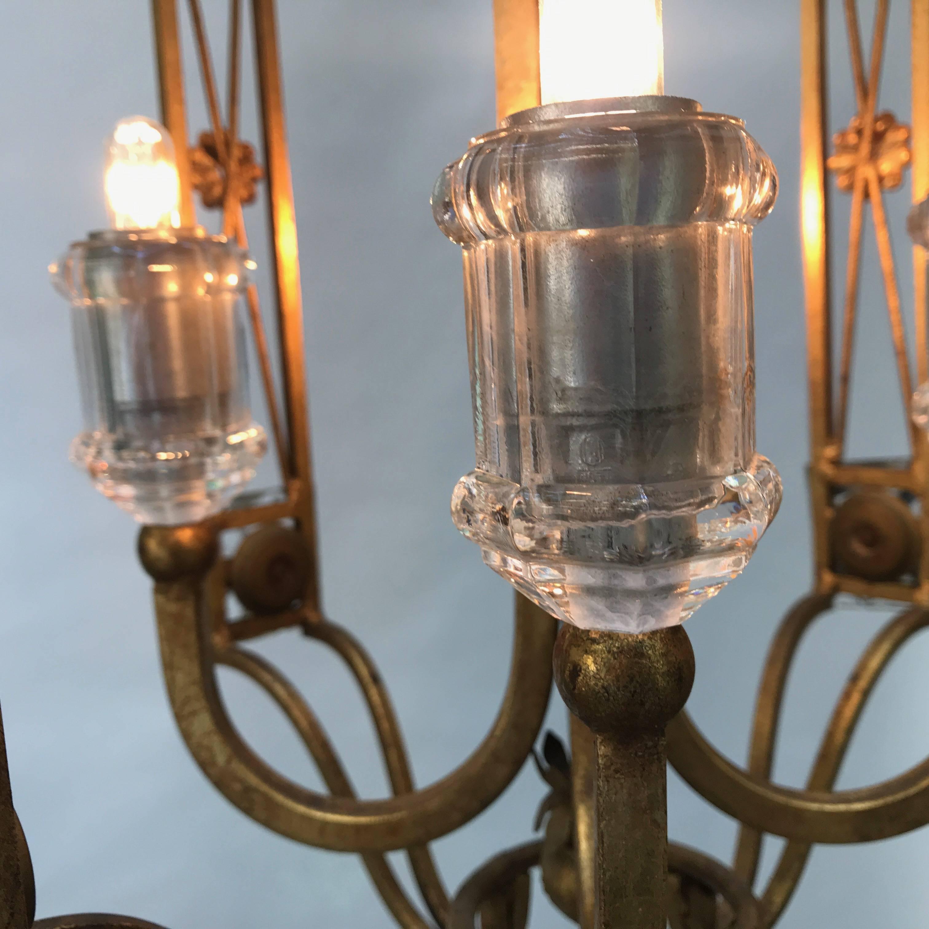 Italian Banci Firenze Four-Light Chandelier 1980 Crystal Gilt Iron Cage Lantern For Sale 8