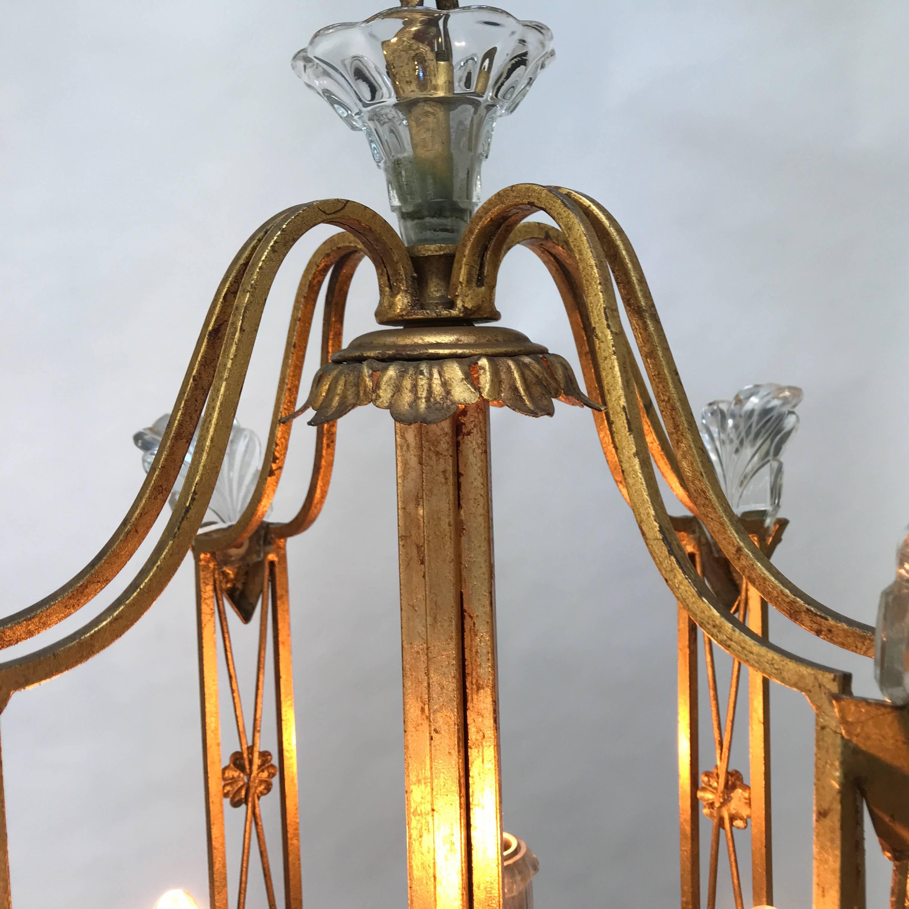 Italian Banci Firenze Four-Light Chandelier 1980 Crystal Gilt Iron Cage Lantern For Sale 10