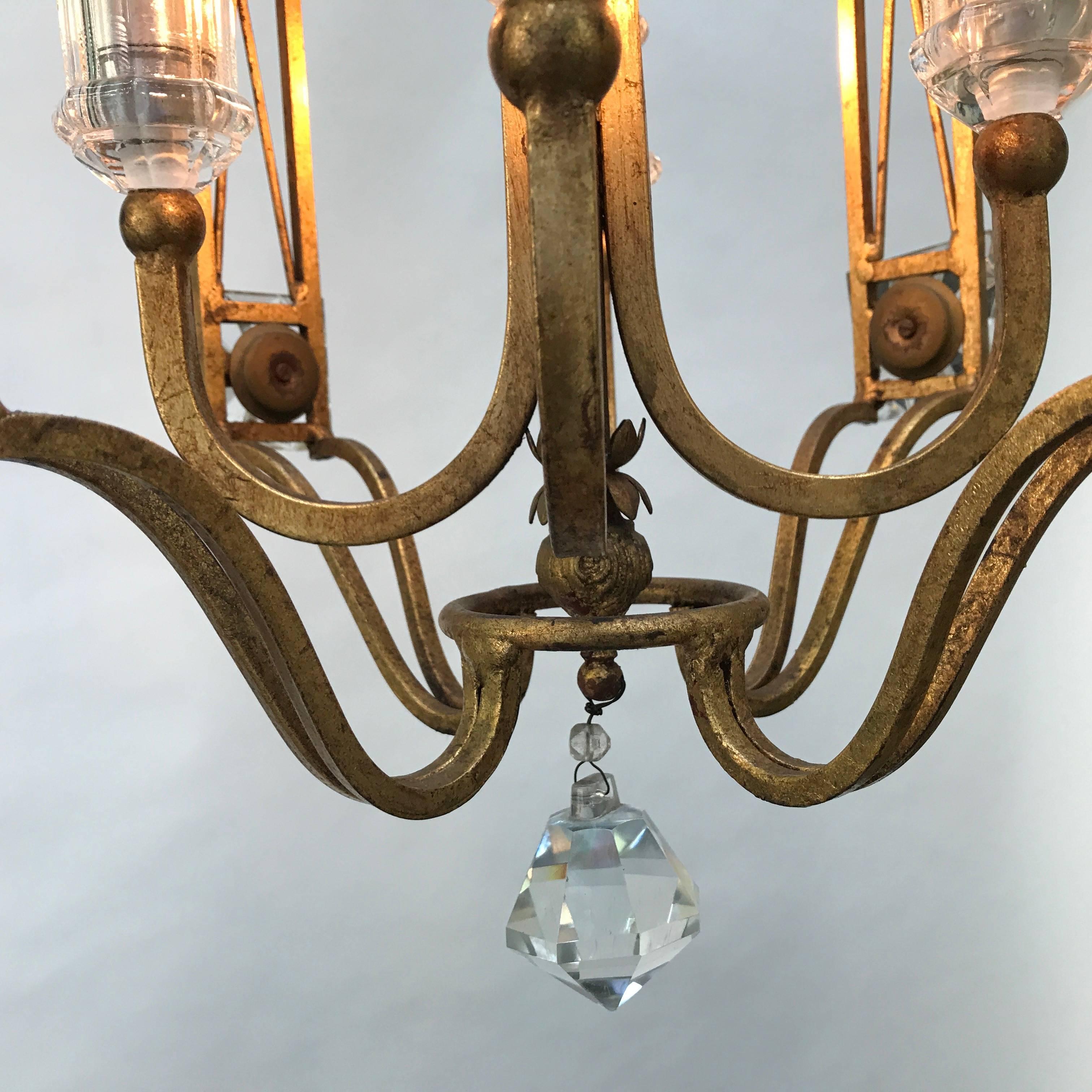 Italian Banci Firenze Four-Light Chandelier 1980 Crystal Gilt Iron Cage Lantern For Sale 14