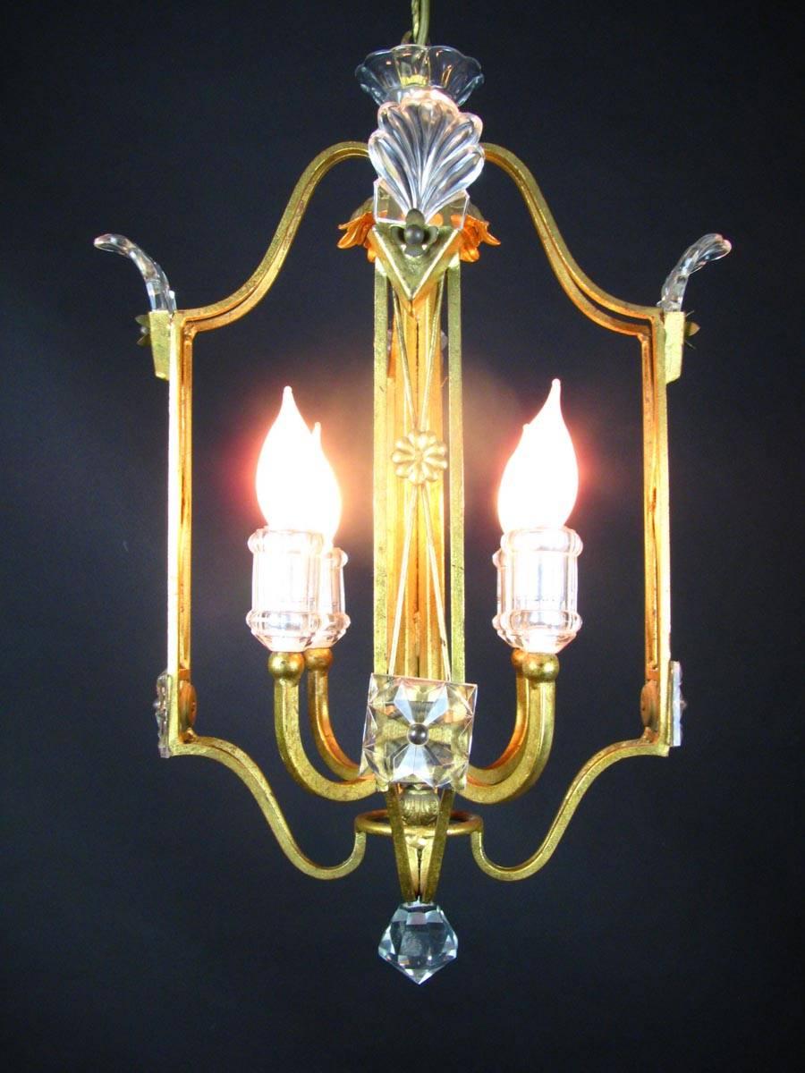 Italian Banci Firenze Four-Light Chandelier 1980 Crystal Gilt Iron Cage Lantern In Good Condition For Sale In Milan, IT