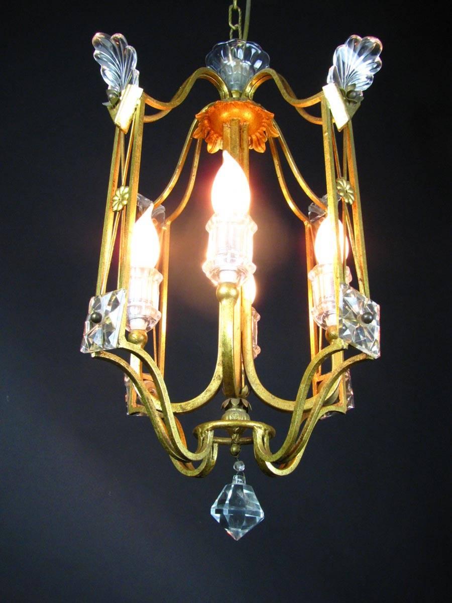 20th Century Italian Banci Firenze Four-Light Chandelier 1980 Crystal Gilt Iron Cage Lantern For Sale