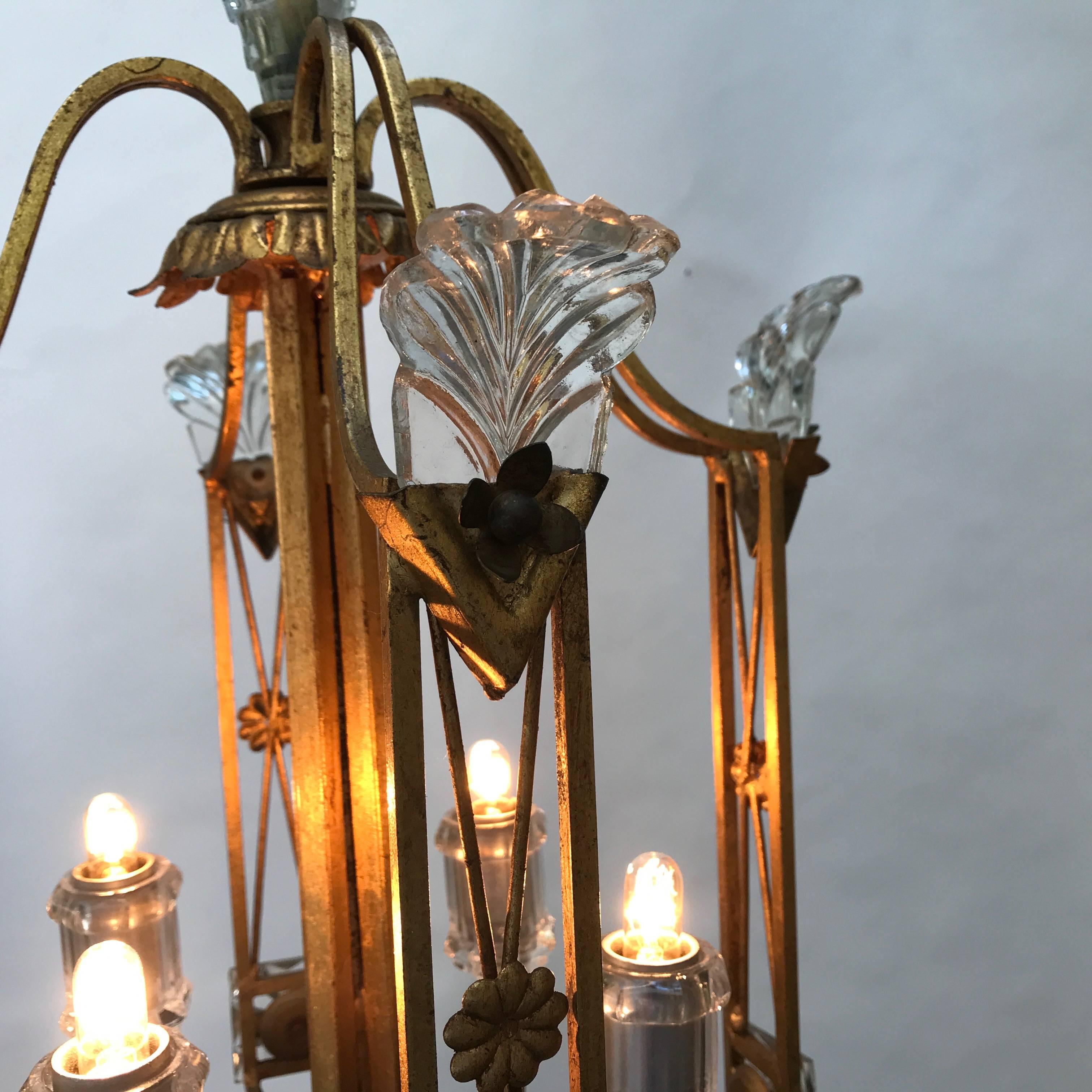 Italian Banci Firenze Four-Light Chandelier 1980 Crystal Gilt Iron Cage Lantern For Sale 3