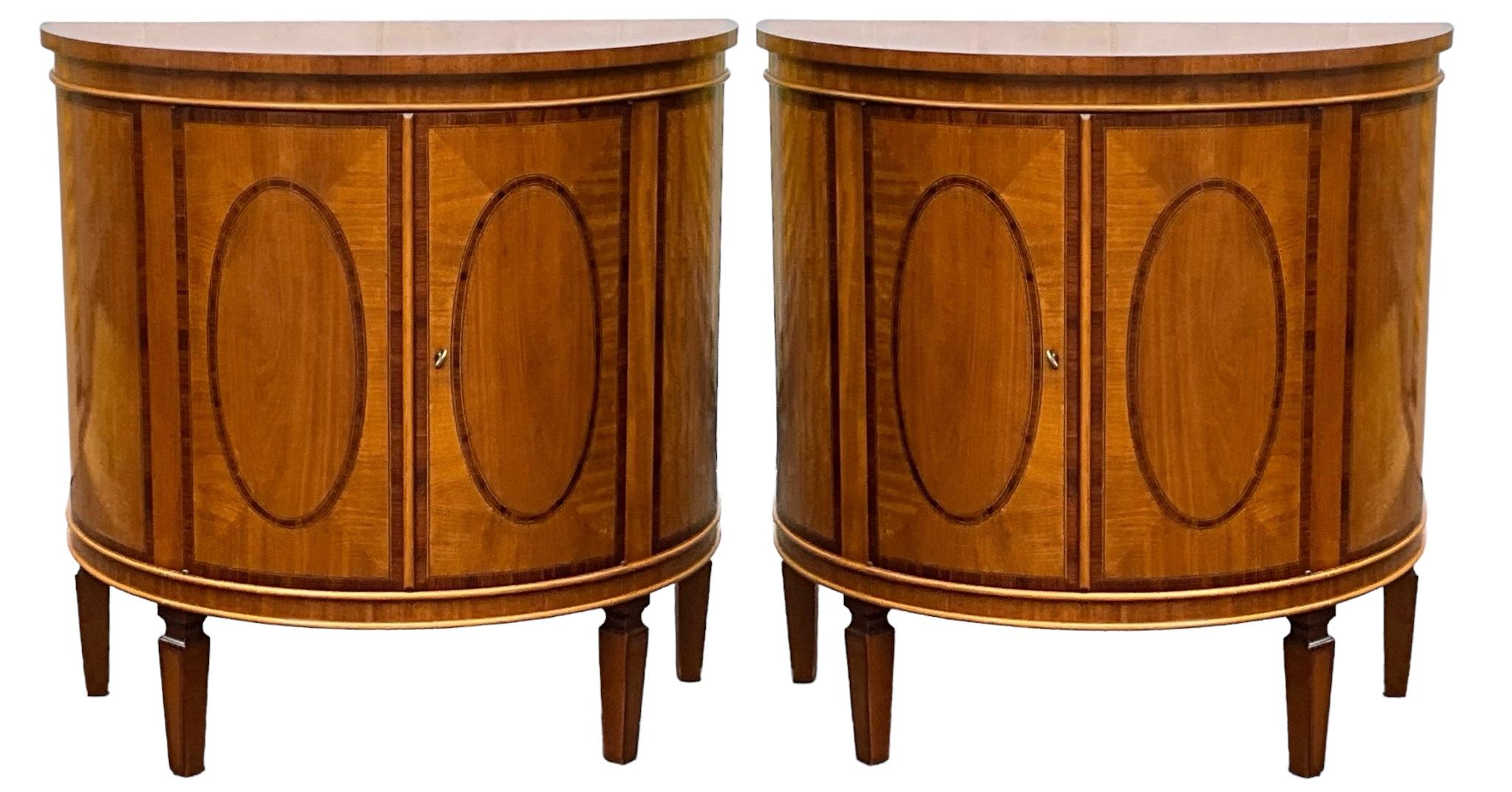 Fruitwood Italian Banded & Inlaid Satinwood Demilune Cabinets Att. Decorative Crafts -Pair For Sale