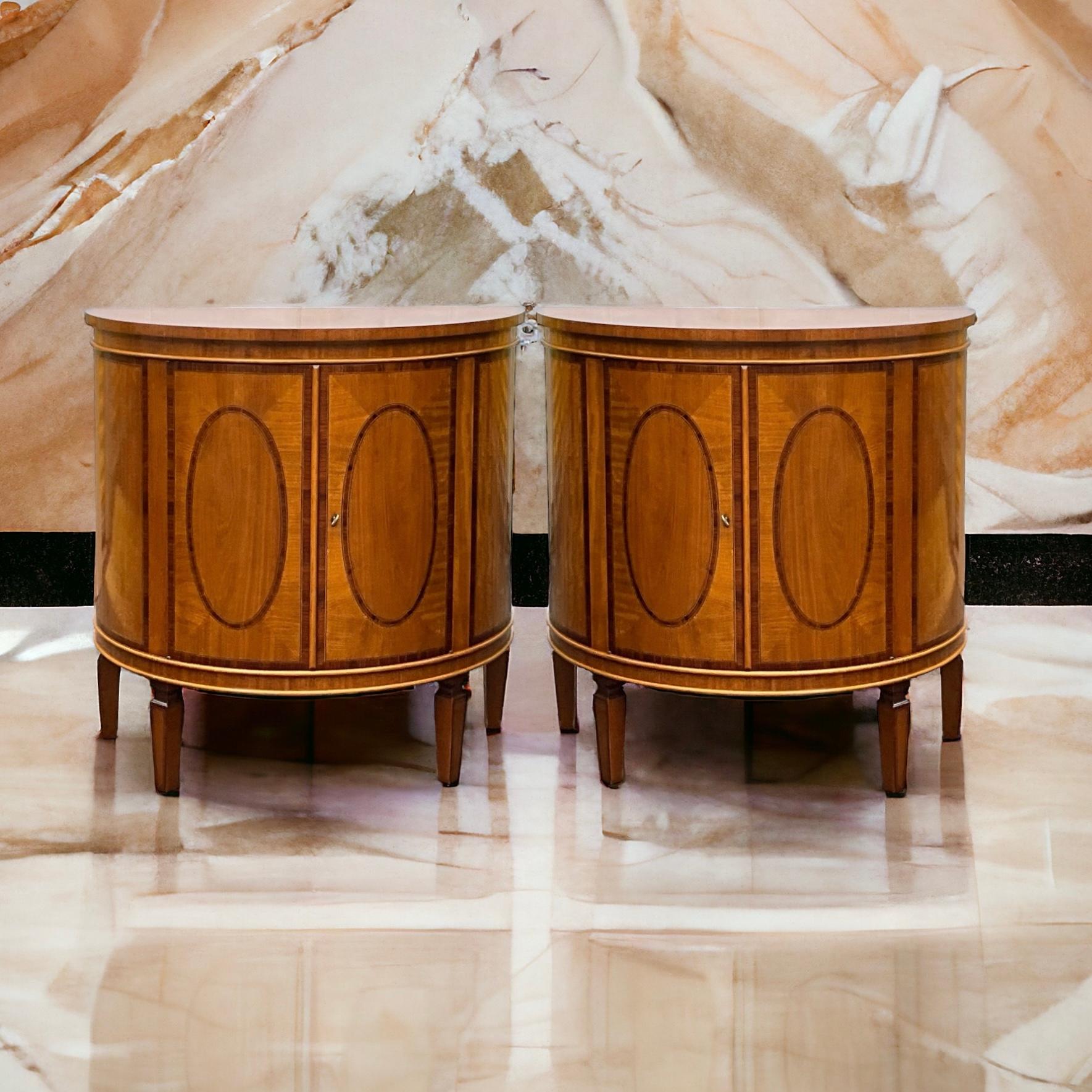 Italian Banded & Inlaid Satinwood Demilune Cabinets Att. Decorative Crafts -Pair For Sale 1