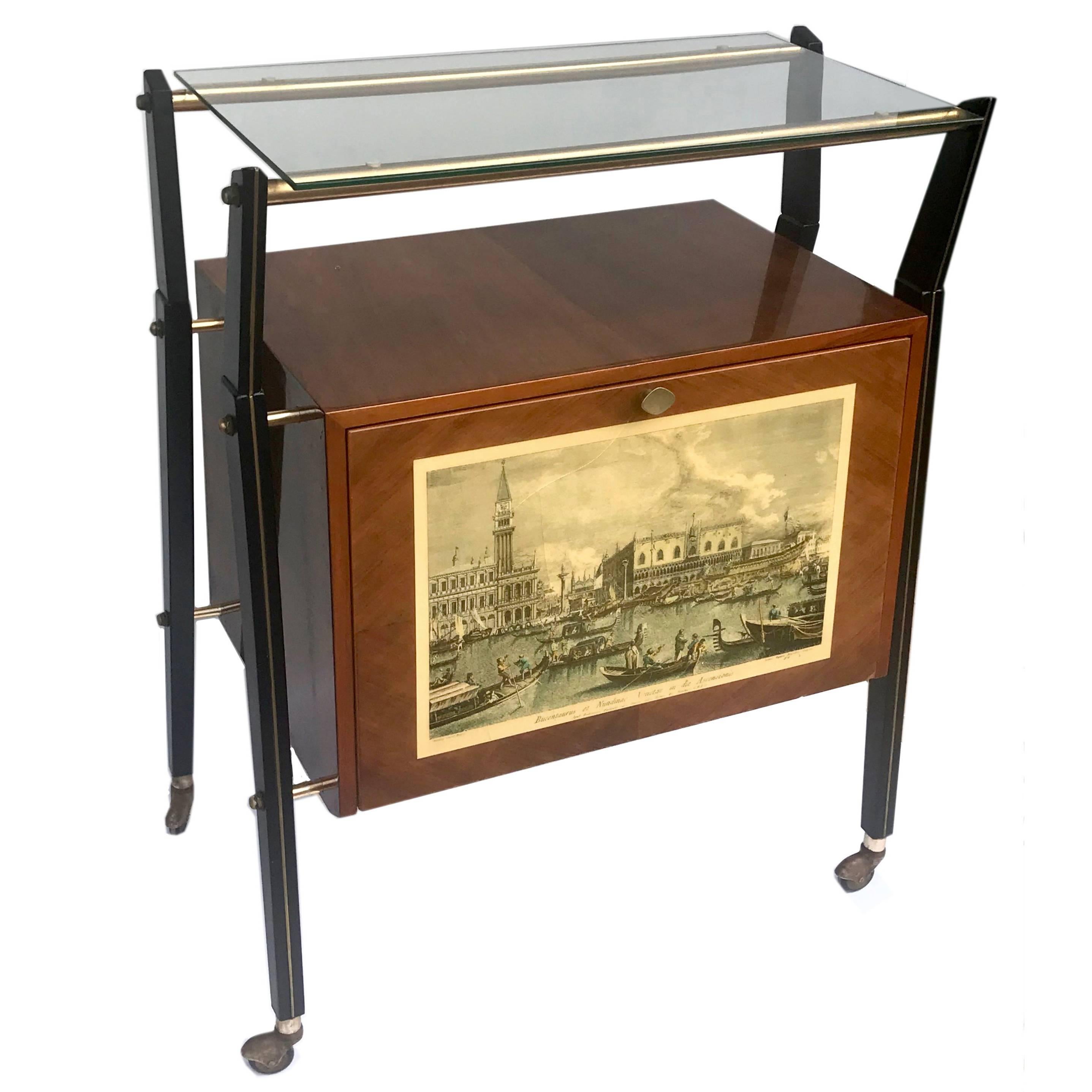 Italian Bar or Cart in Walnut, Venice Print and Light, Italy, 1950s Signed Sarti