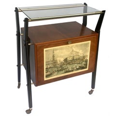 Vintage Italian Bar or Cart in Walnut, Venice Print and Light, Italy, 1950s Signed Sarti