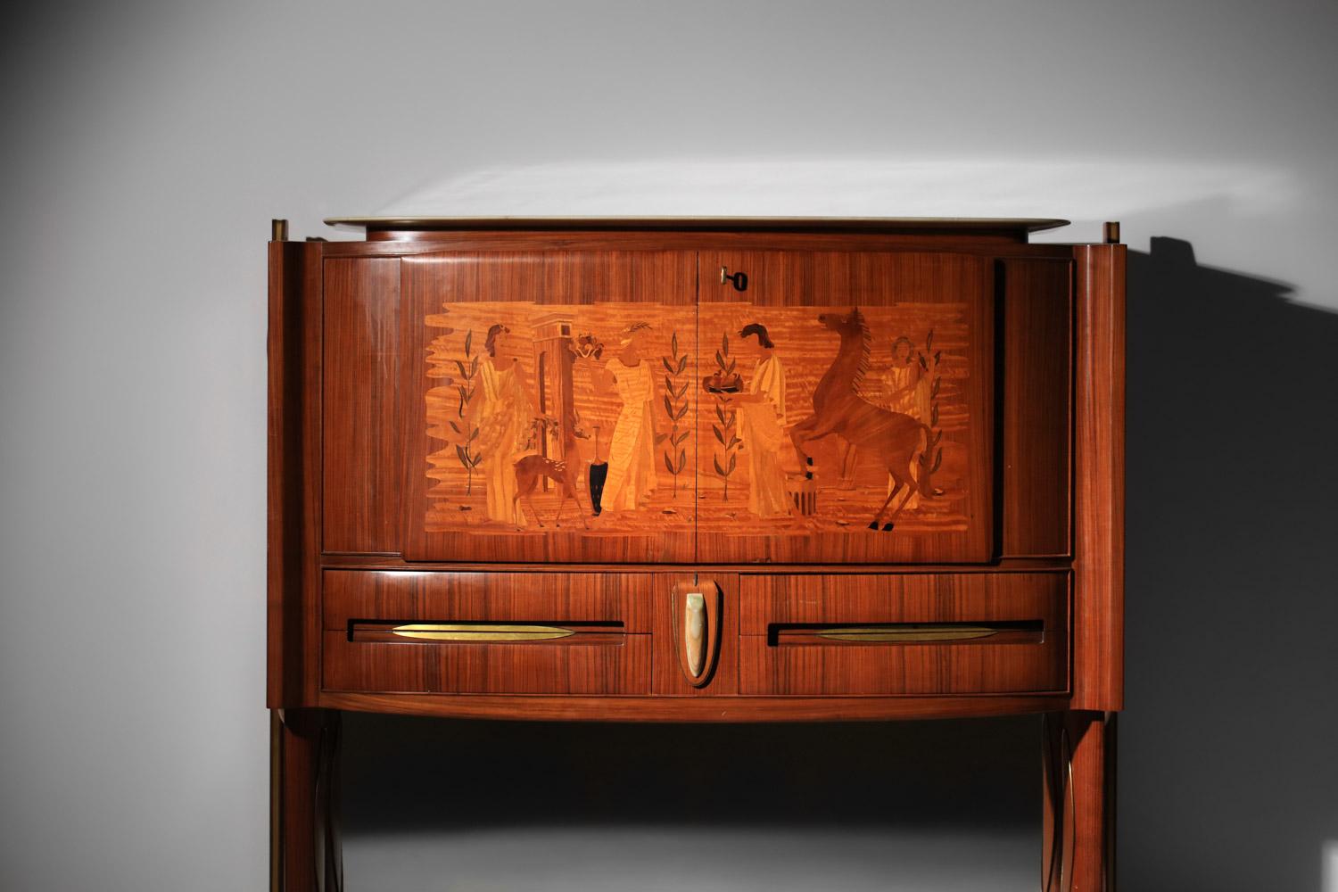 Rare Italian bar furniture from the 60s attributed to Vittorio Dassi. Structure of the buffet in solid and veneered wood with superb art marquetry work across the entire front representing a scene from ancient mythology. This furniture is made up of