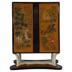 Italian Bar Cabinet Attr. to Gio Ponti, Painted Panels Signed by Edina Altara