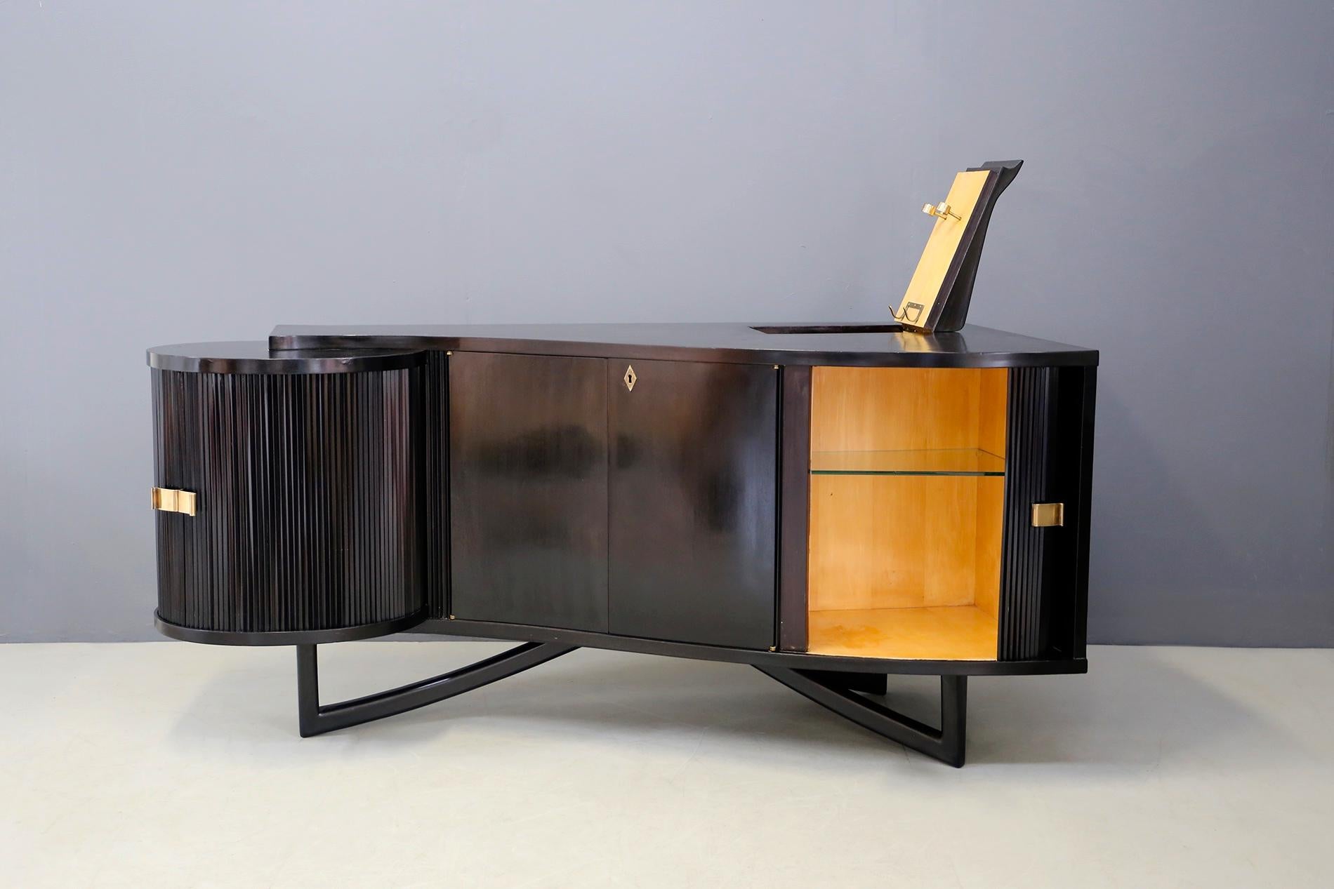 Italian Bar Cabinet by in Ebonized Wood and Brass, 1940s 2