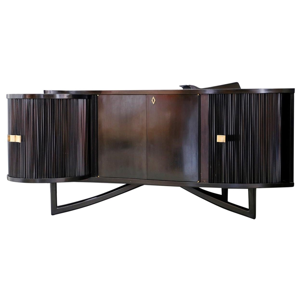 Italian Bar Cabinet by in Ebonized Wood and Brass, 1940s