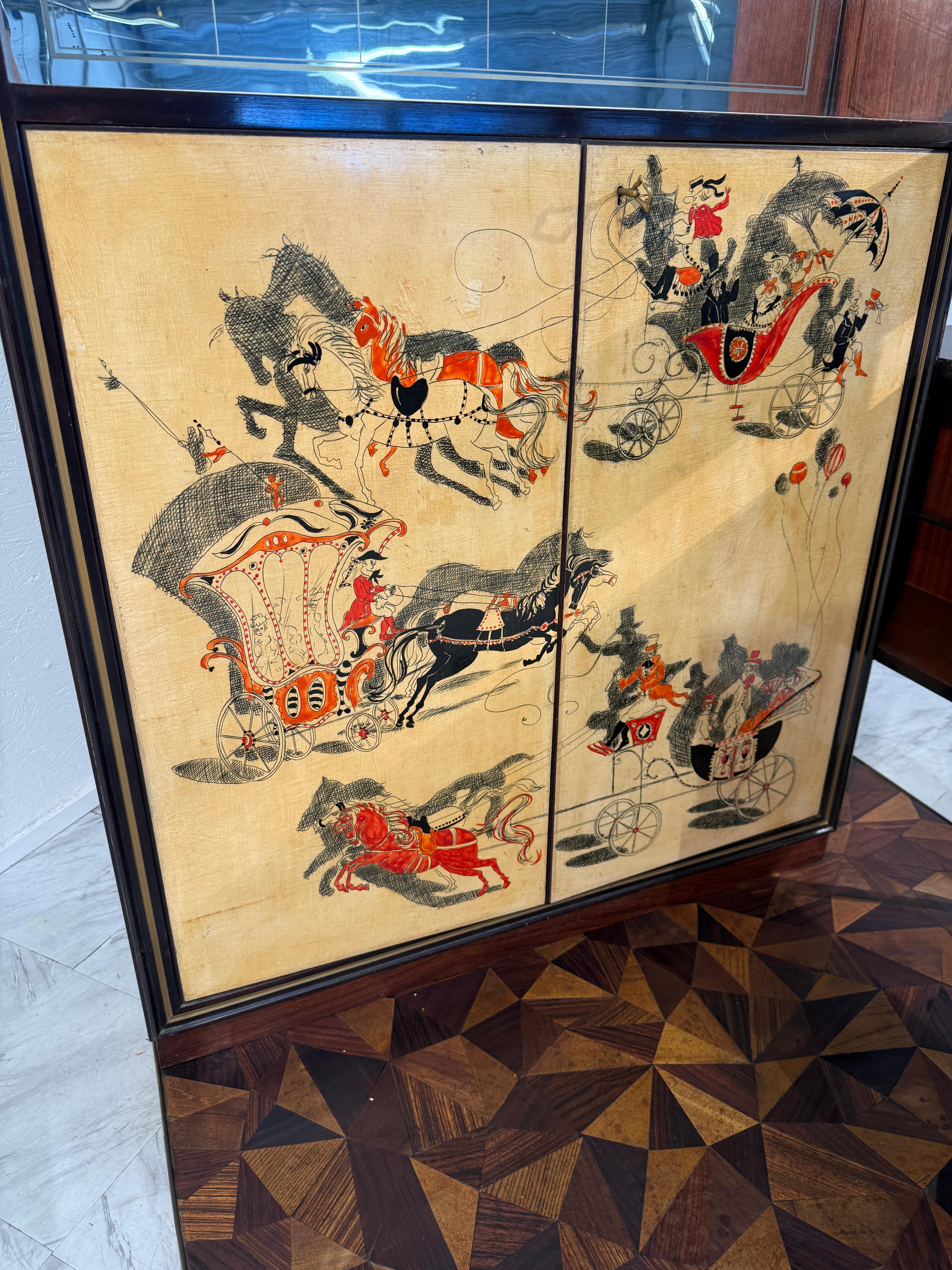 Italian Bar Cabinet with Reverse Painted Panels and Marble Top For Sale 10