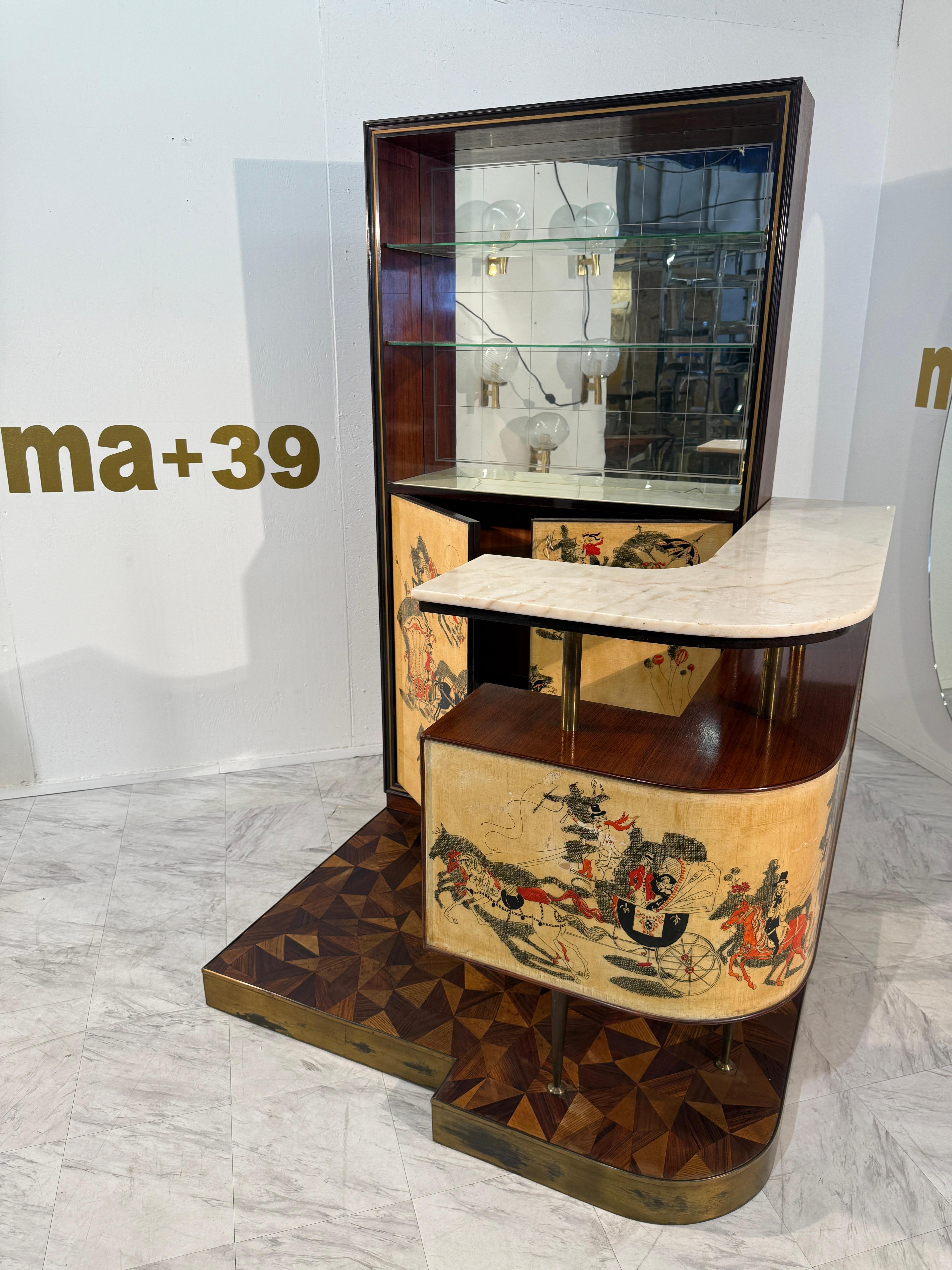 A sophisticated Italian bar cabinet attributed to Ico Parisi, crafted in the 1950s. The design combines geometric elegance with artistic detailing, featuring a sculptural form that integrates a glass-front display and a curved bar counter. The
