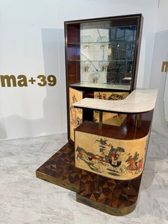 Italian Bar Cabinet with Reverse Painted Panels and Marble Top