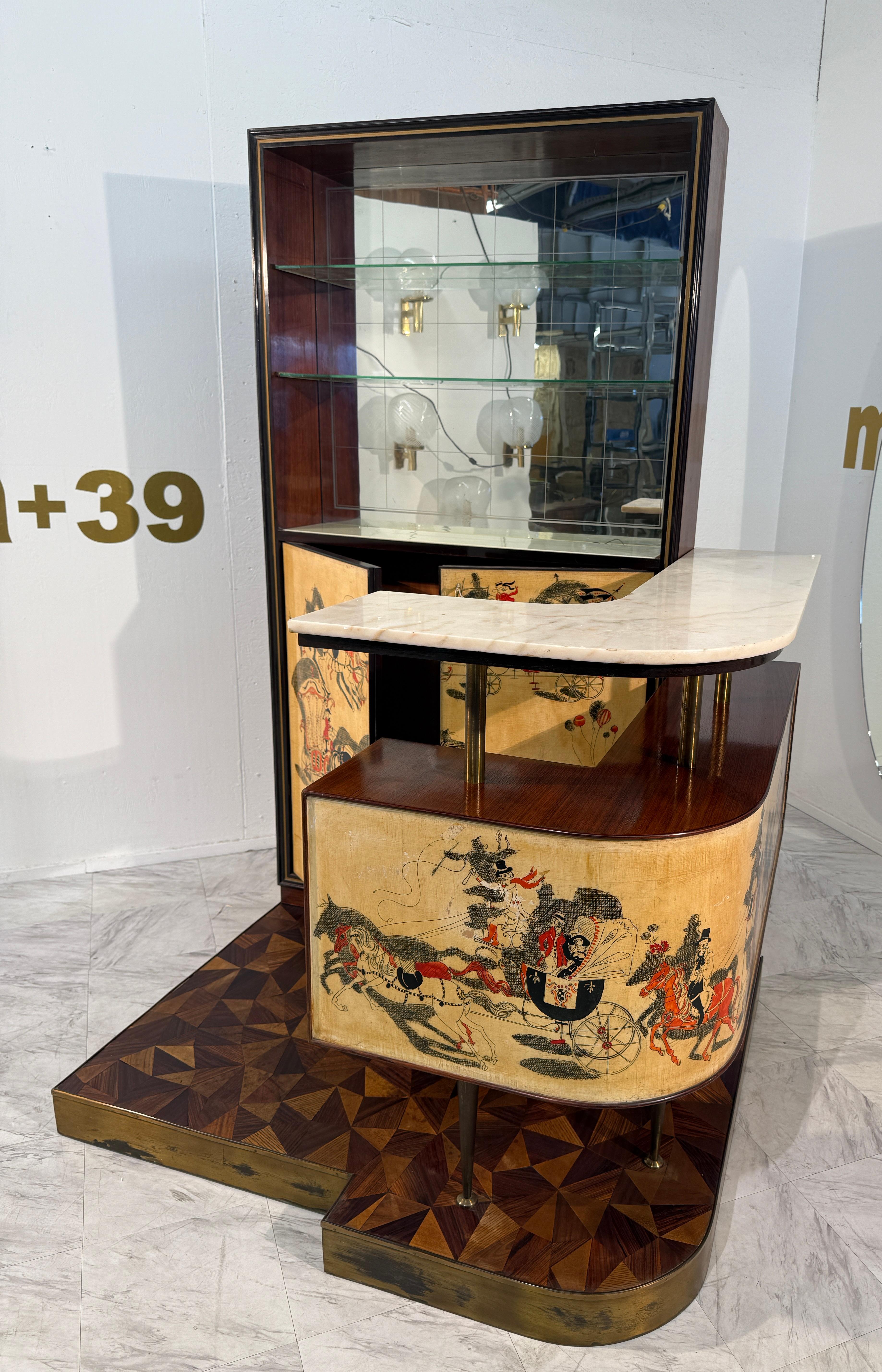 Modern Italian Bar Cabinet with Reverse Painted Panels and Marble Top For Sale