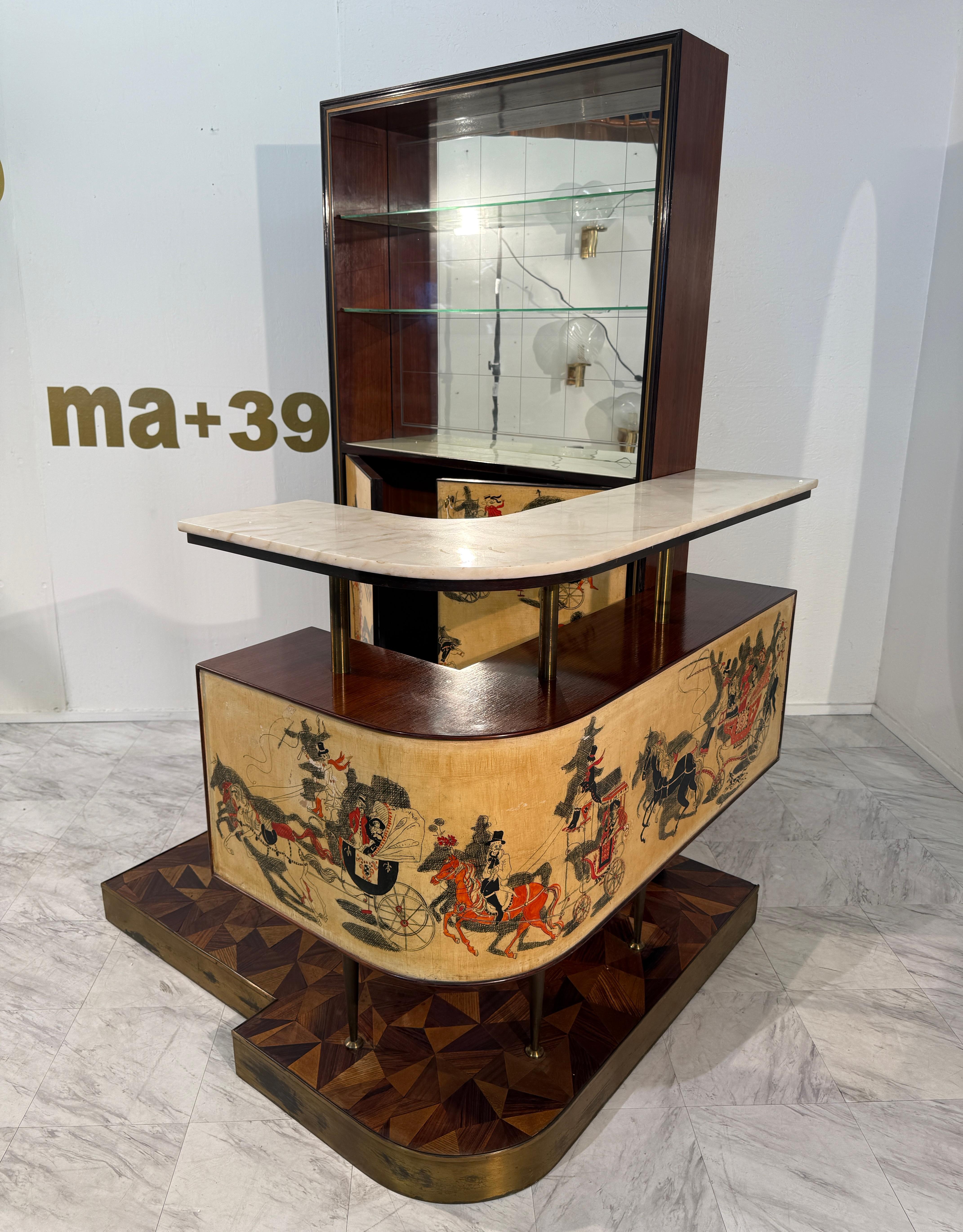 Italian Bar Cabinet with Reverse Painted Panels and Marble Top In Good Condition For Sale In Los Angeles, CA