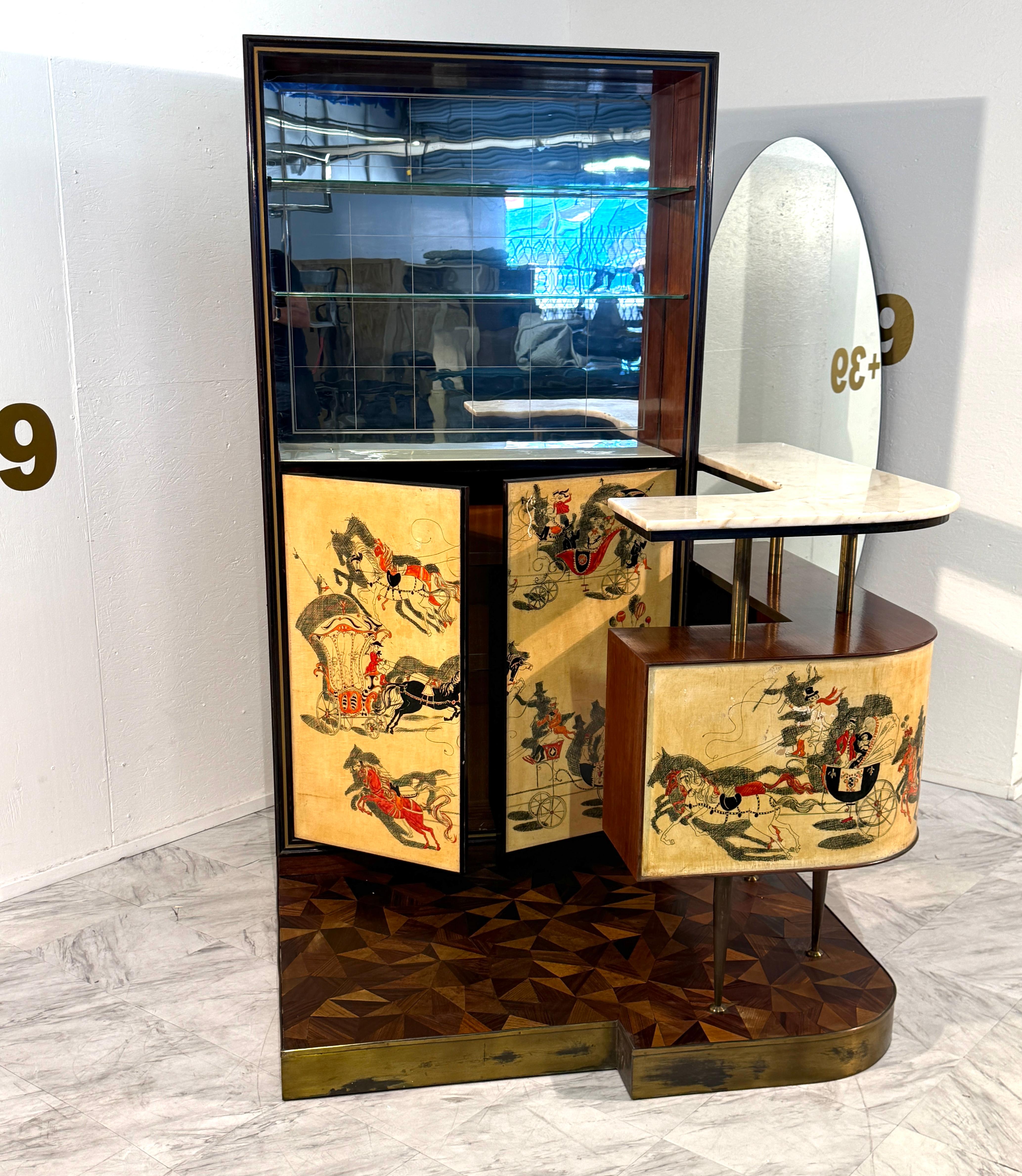 Mid-20th Century Italian Bar Cabinet with Reverse Painted Panels and Marble Top For Sale