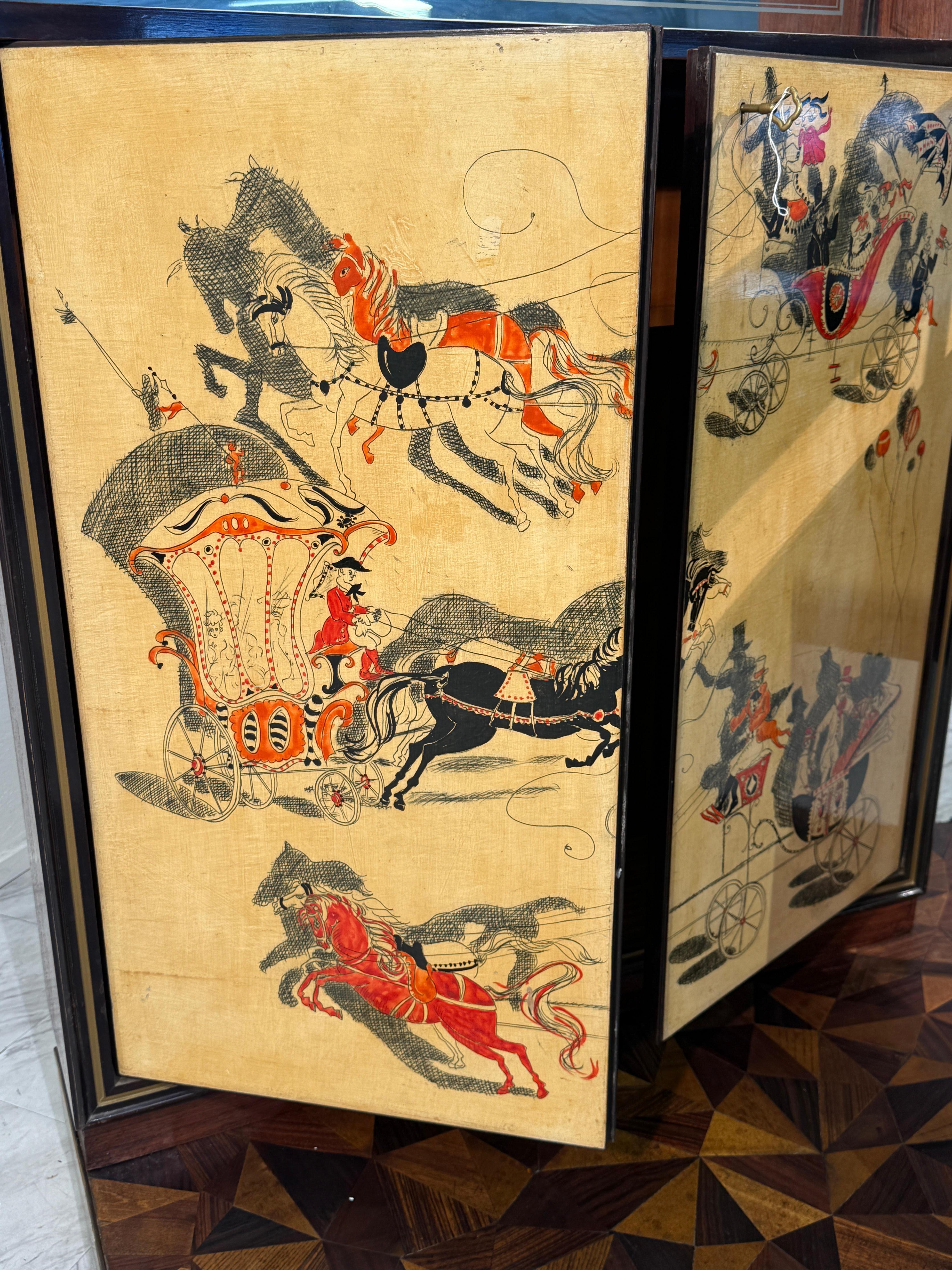 Italian Bar Cabinet with Reverse Painted Panels and Marble Top For Sale 2