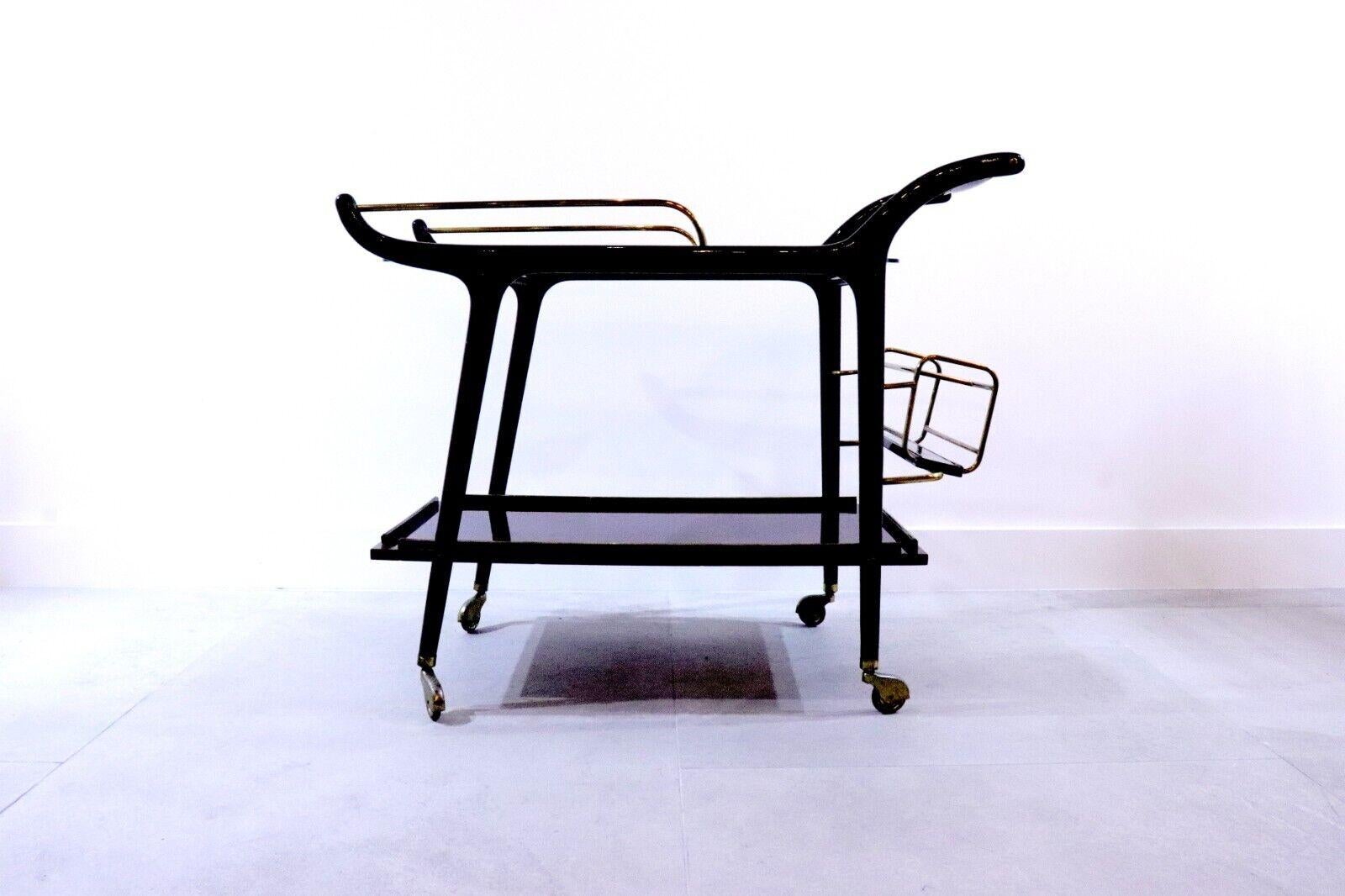 Mid-Century Modern Italian Bar Cart, Brass Stained Beechwood, 1950s For Sale