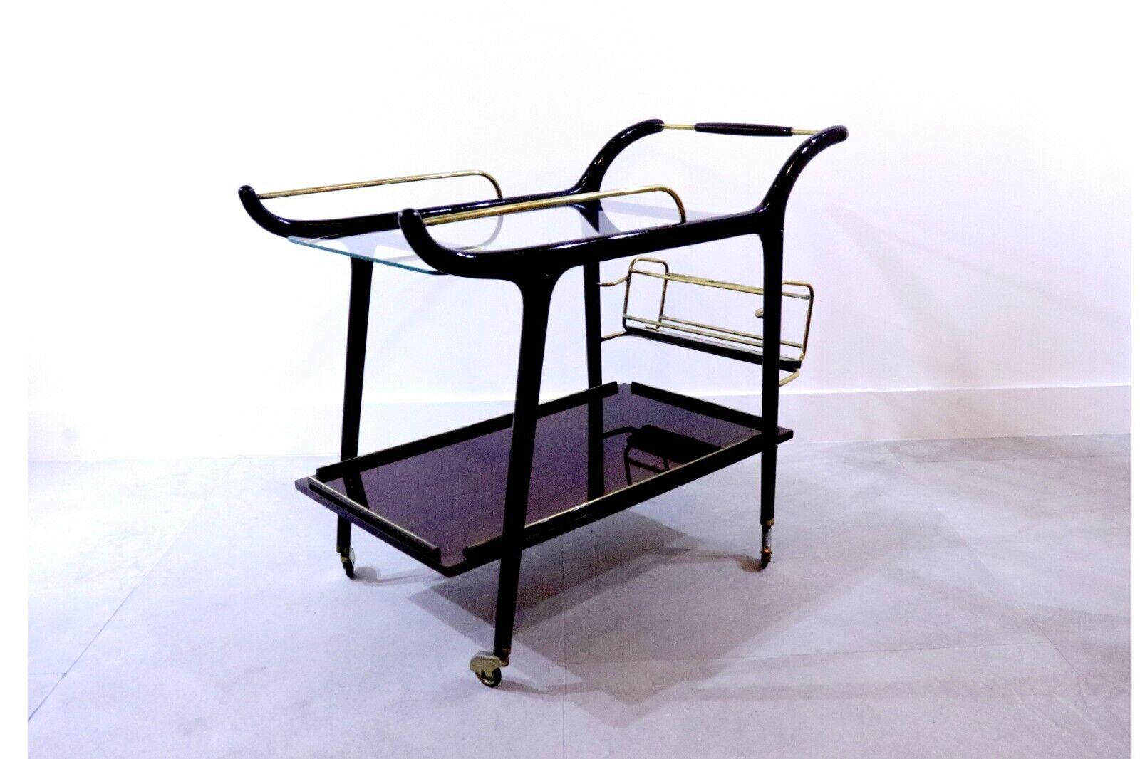 Italian Bar Cart, Brass Stained Beechwood, 1950s In Good Condition For Sale In London, GB