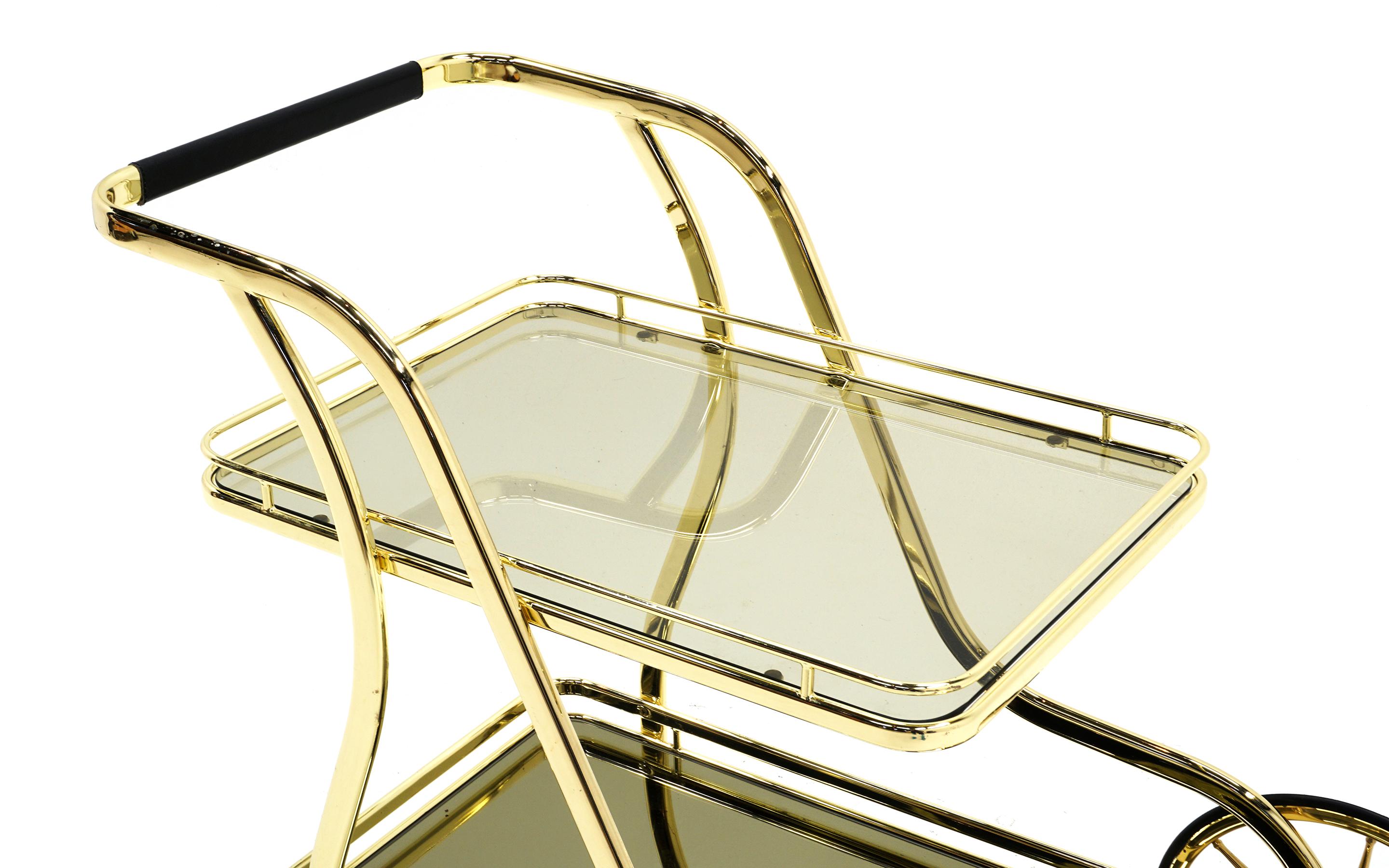 Hollywood Regency Italian Bar Cart, Brass with Clear Glass Top Surface, Mirrored Bronze Lower