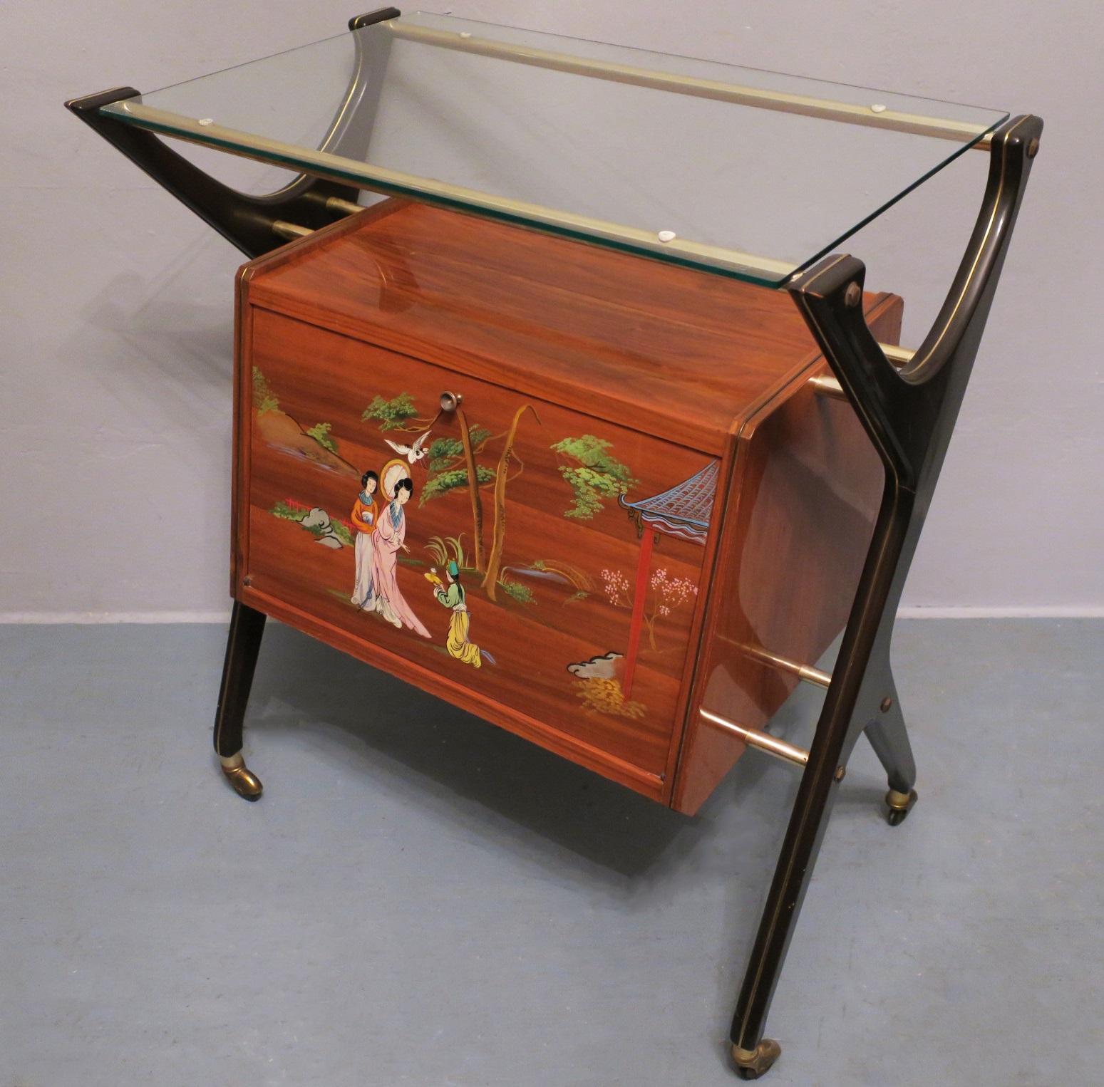 Brass Italian Bar Cart/Dry Bar with Bright Yellow Interior, Japanese Figures and Light For Sale