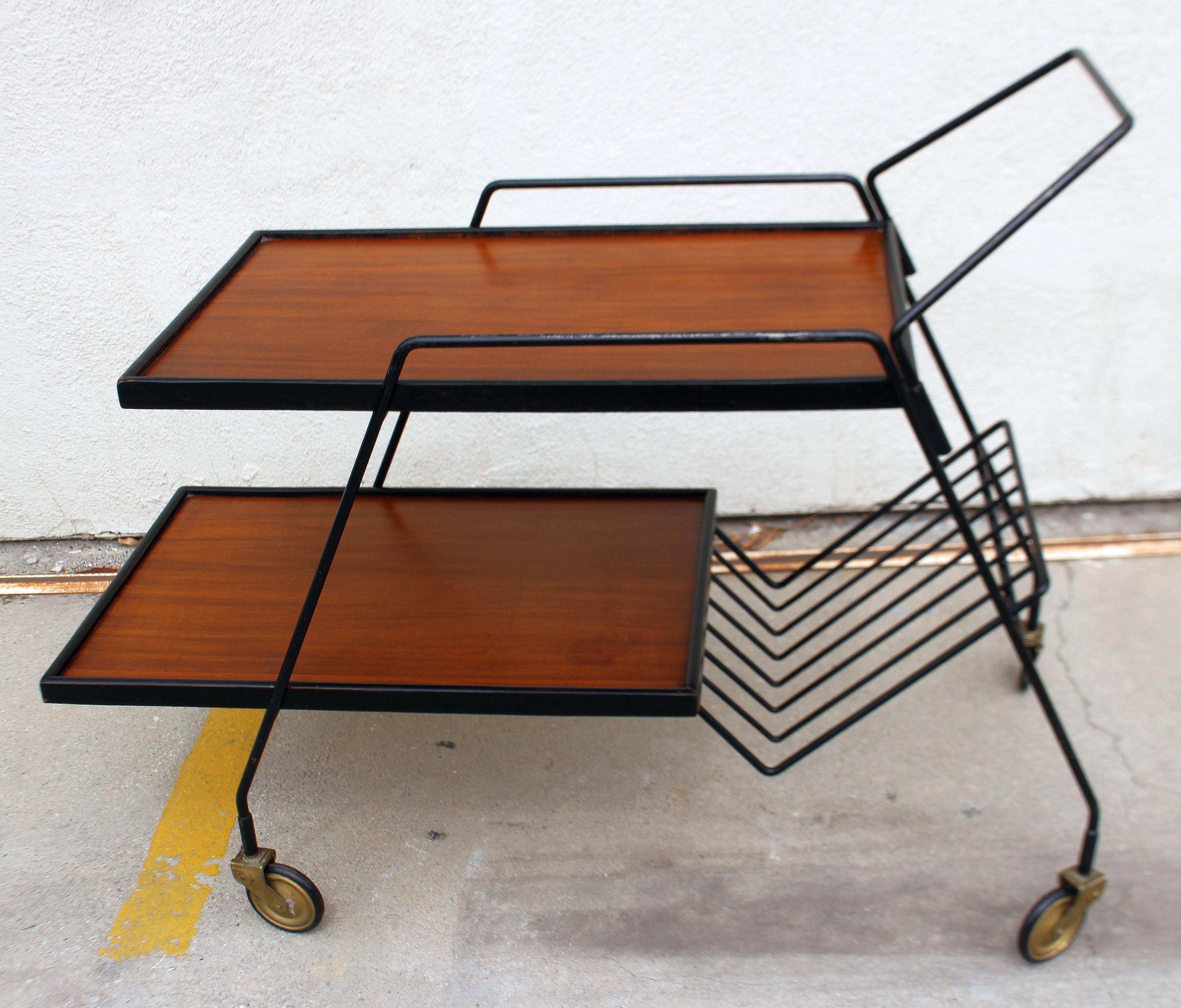1950s Italian bar cart metal frame mix with the rosewood top. First shelf height is 22 inches.