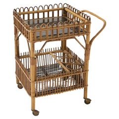 Vintage Italian Bar Cart in Bamboo and Black Glass