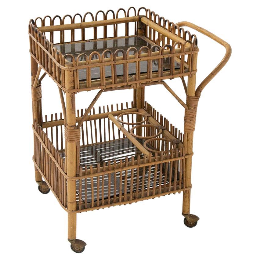 Italian Bar Cart in Bamboo, Rattan and Black Glass