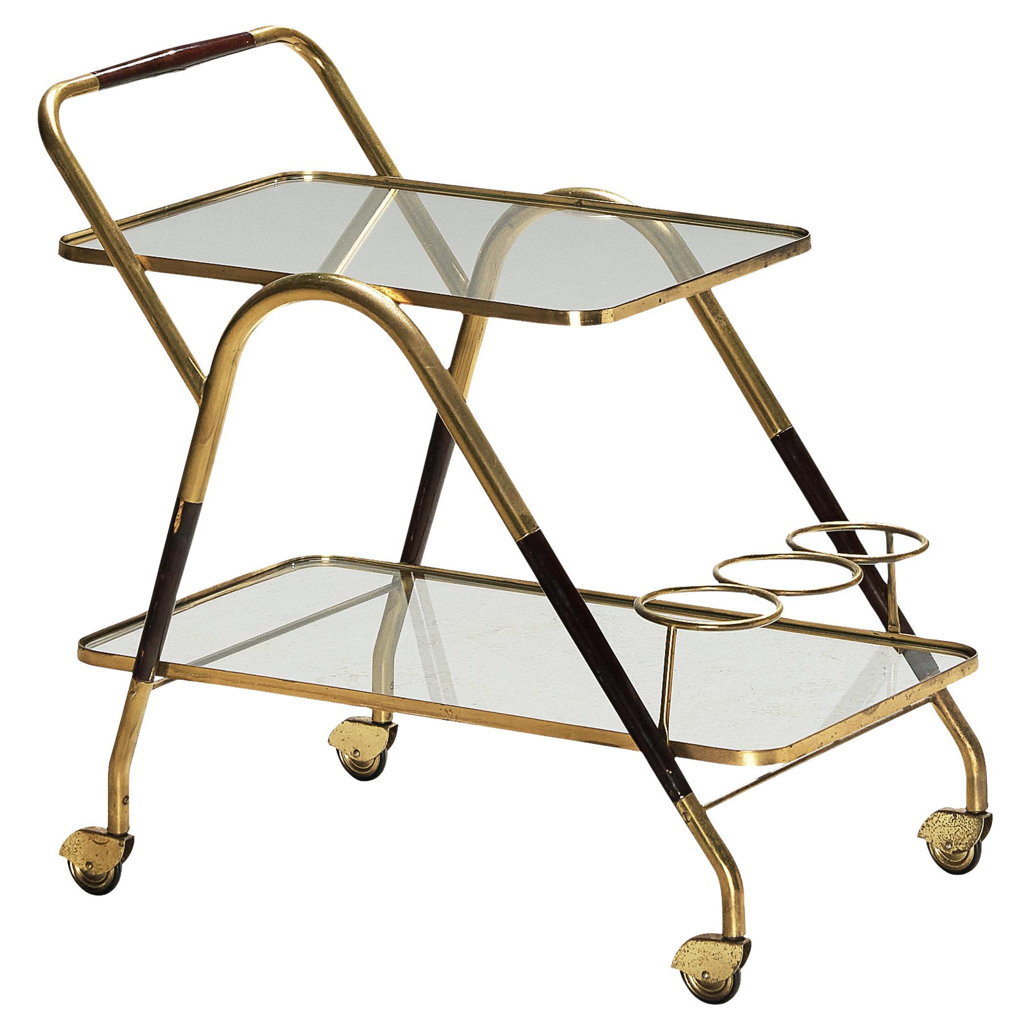 Italian Bar Cart in Brass and Glass  For Sale